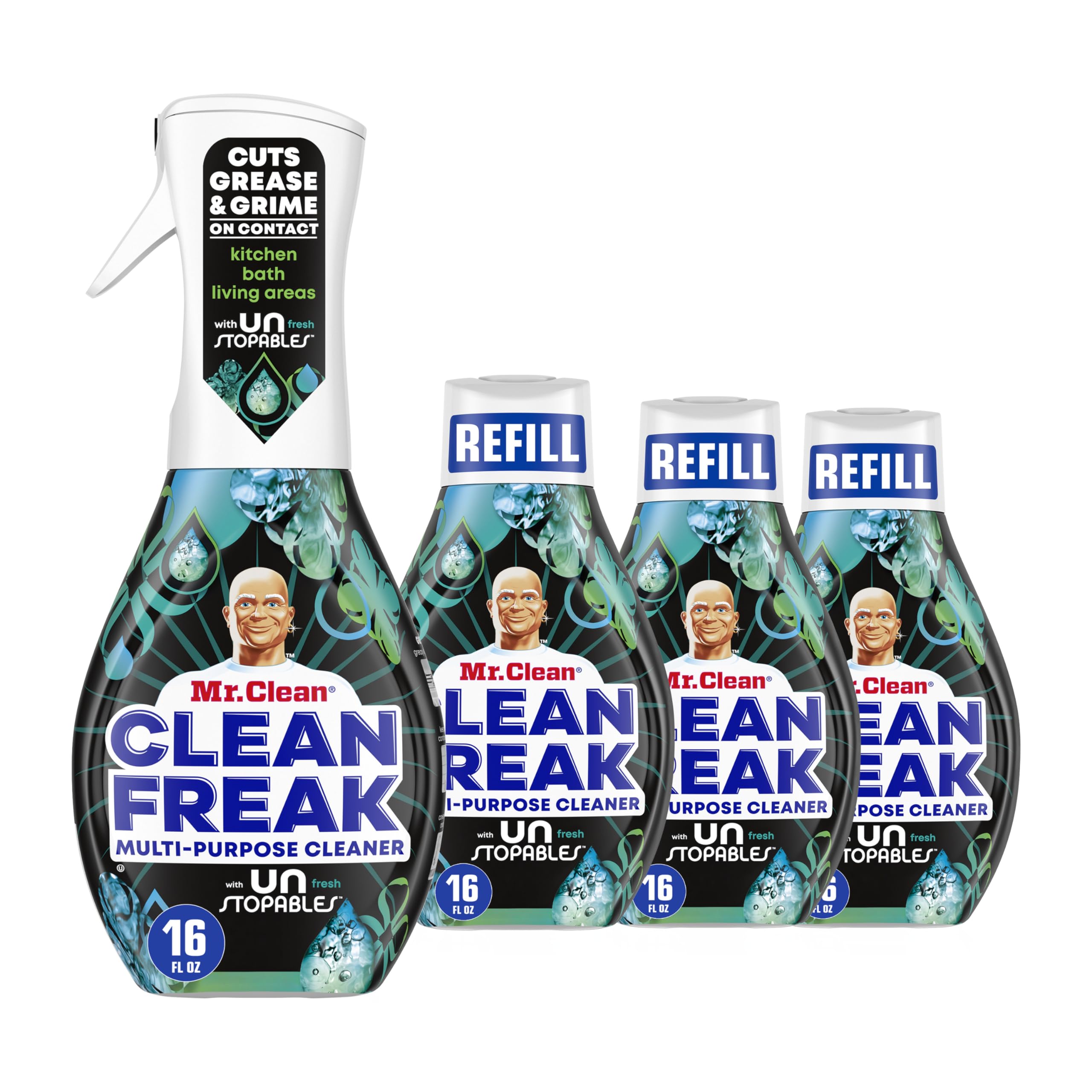 Mr. Clean kit frontal mostrando botella y recargas, conveniencia y poder