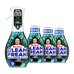 Mr. Clean kit frontal mostrando botella y recargas, conveniencia y poder