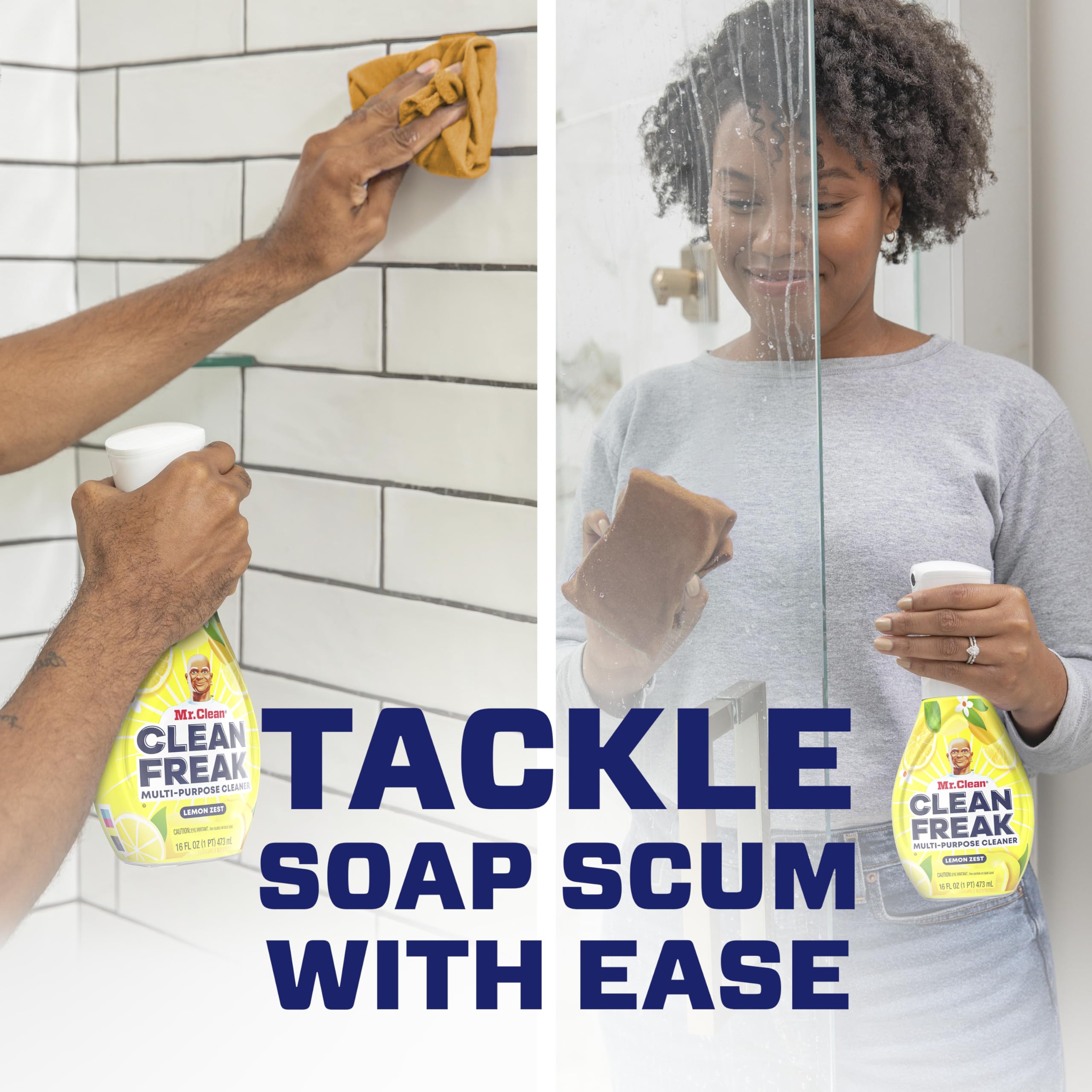 Mr. Clean limpiando azulejos de ducha para acabado sin residuos