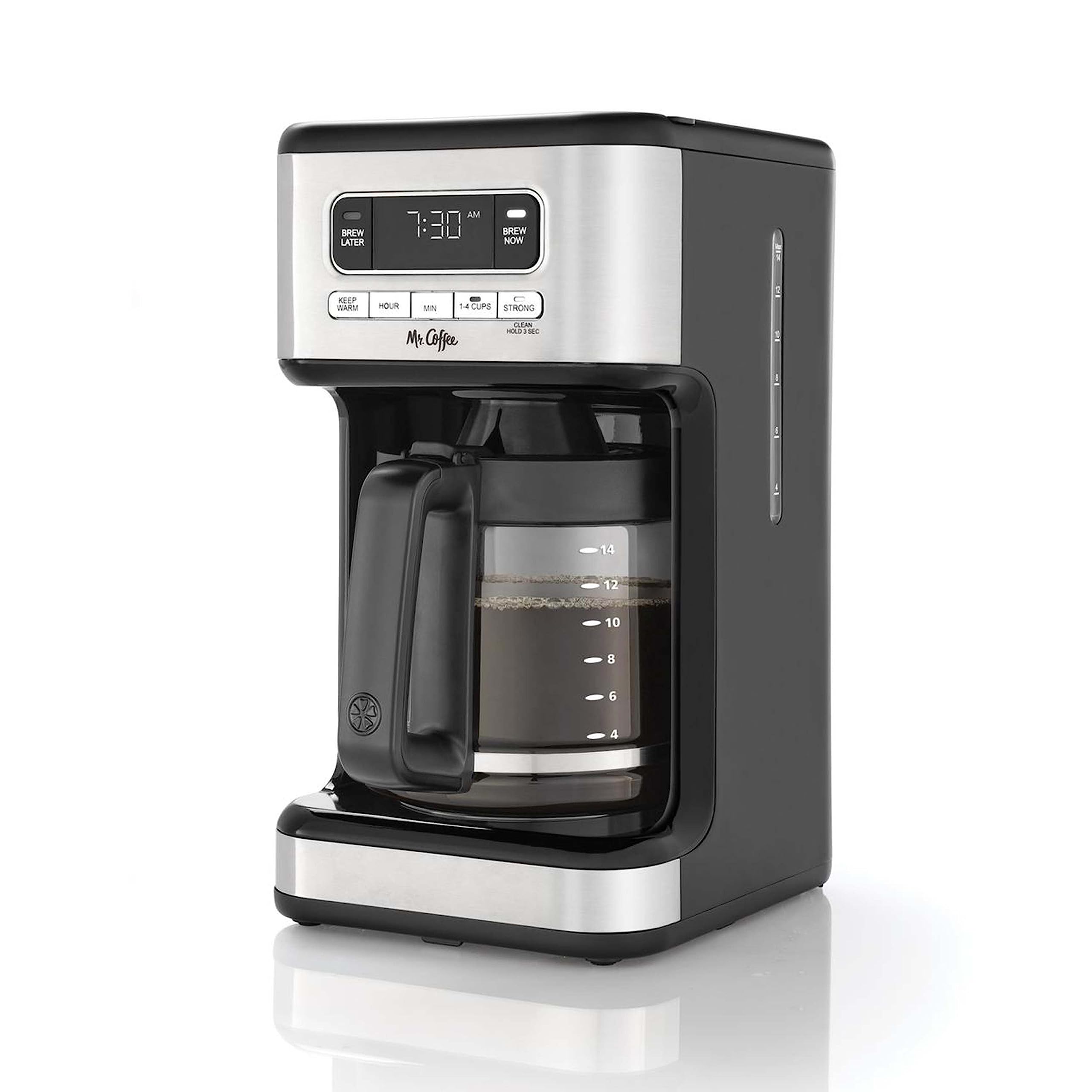 Mr. Coffee vista frontal en acero inoxidable mostrando capacidad y diseño elegante