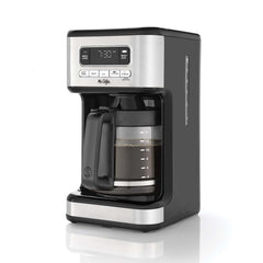 Mr. Coffee vista frontal en acero inoxidable mostrando capacidad y diseño elegante