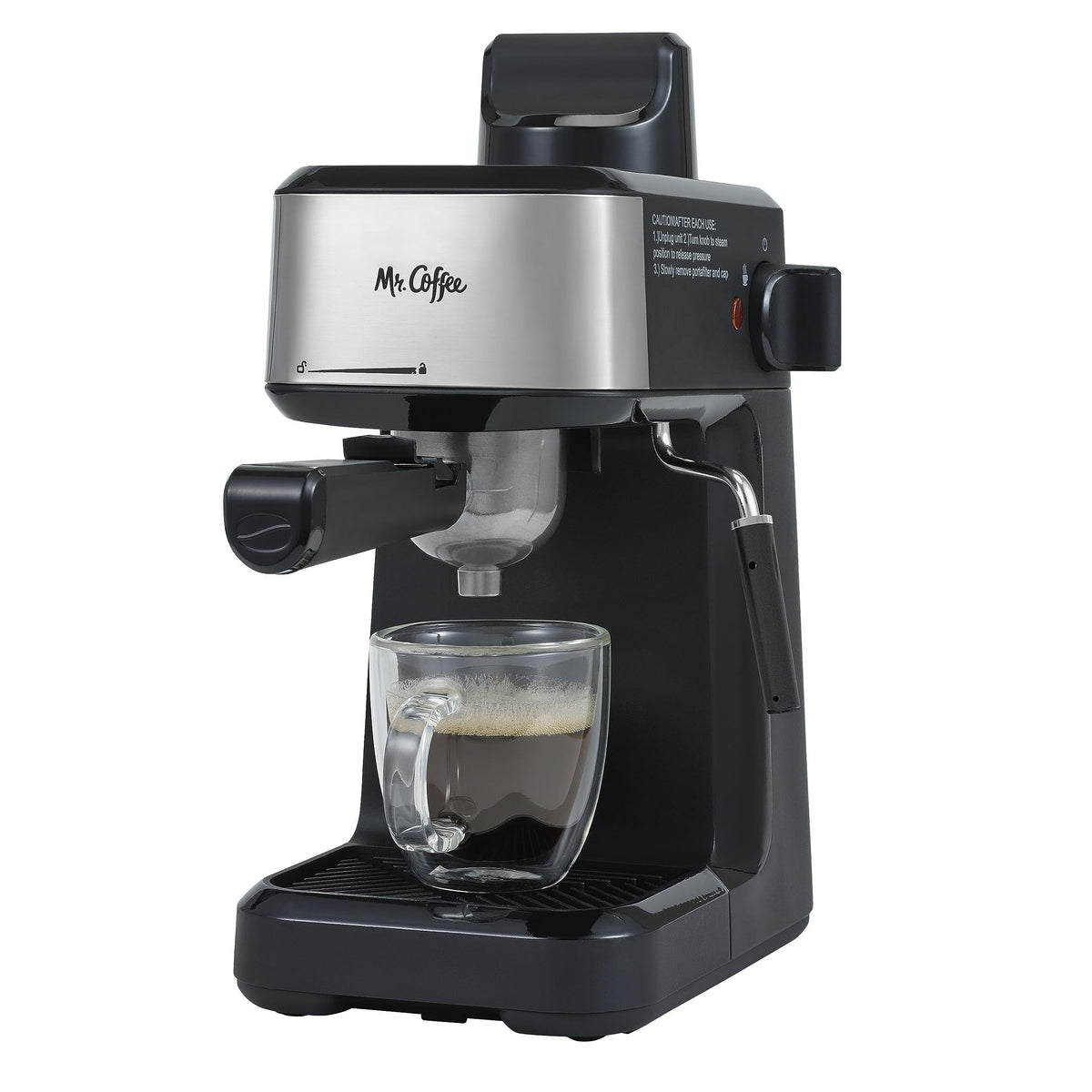 Mr. Coffee vista frontal de la cafetera con portafiltro y controles, facilita espressos caseros