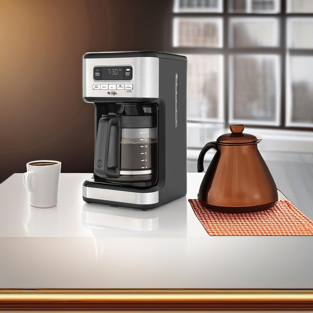 Mr. Coffee panel programable mostrando botones de Brew Later y Strong Brew
