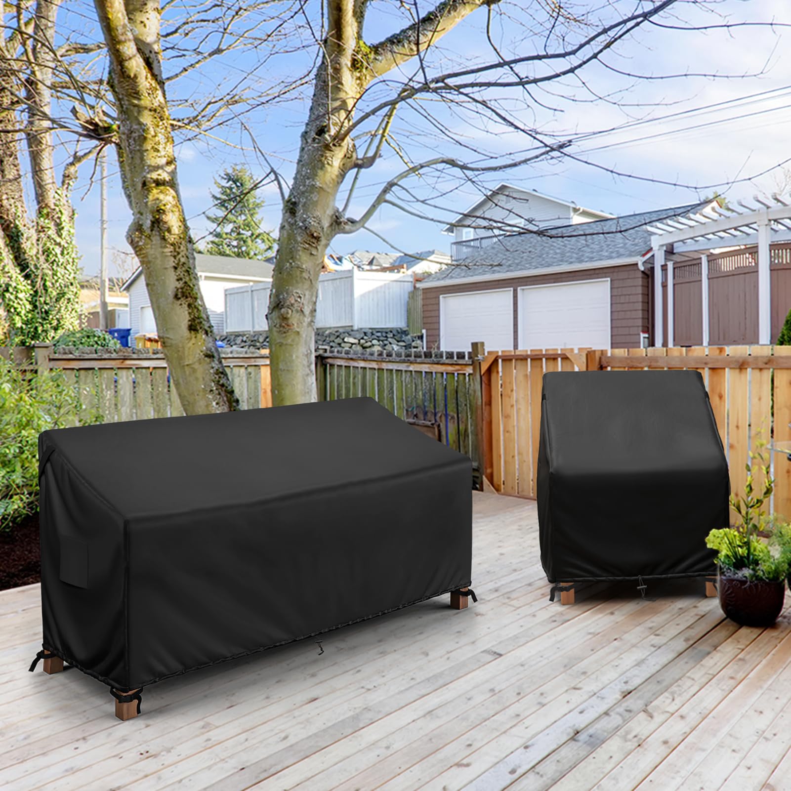 MR. COVER installed on patio sofa in outdoor setting protects furniture