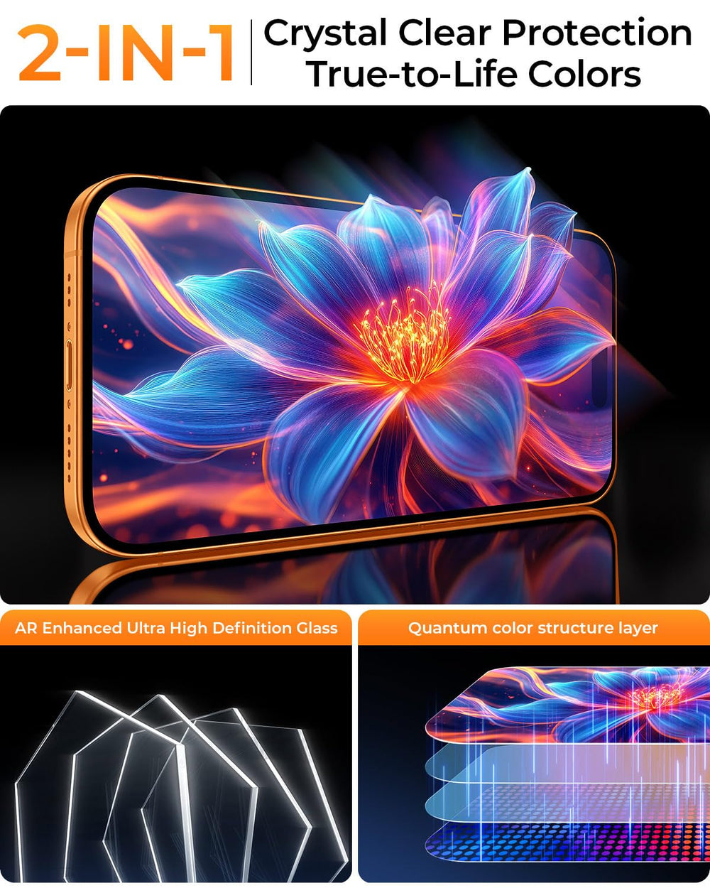 MRGLAS protector colocado junto a iPhone 17 Pro Max para referencia de tamaño exacto
