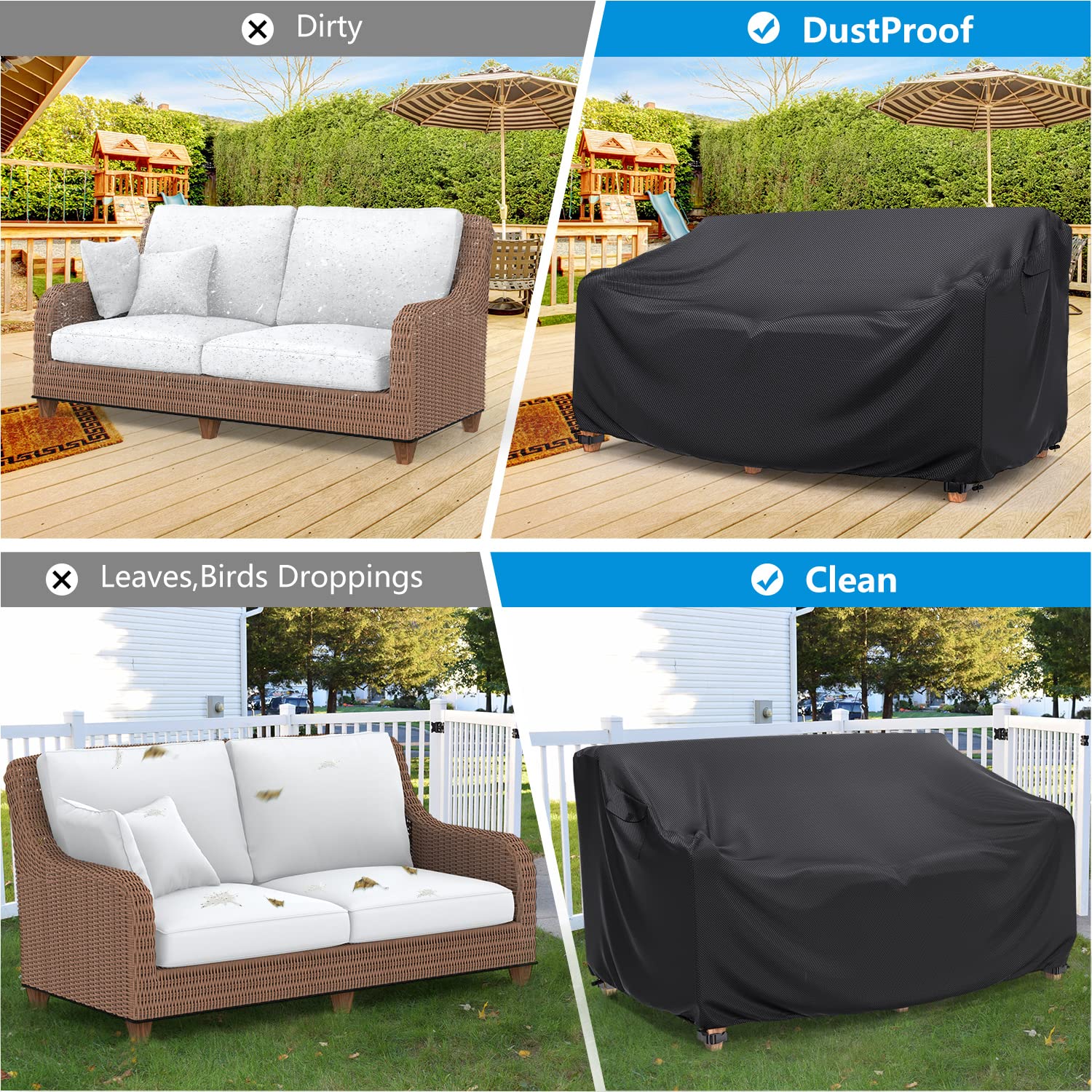 Mrrihand fitted over a two-seater sofa in a patio setting showing outdoor protection