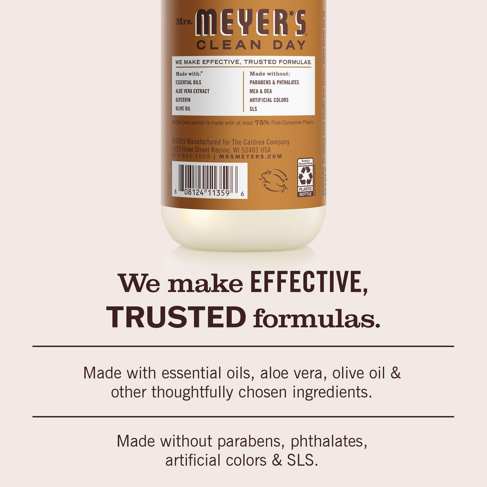 Mrs. MEYER'S comparación de tamaño con manos para mostrar volumen de cada envase
