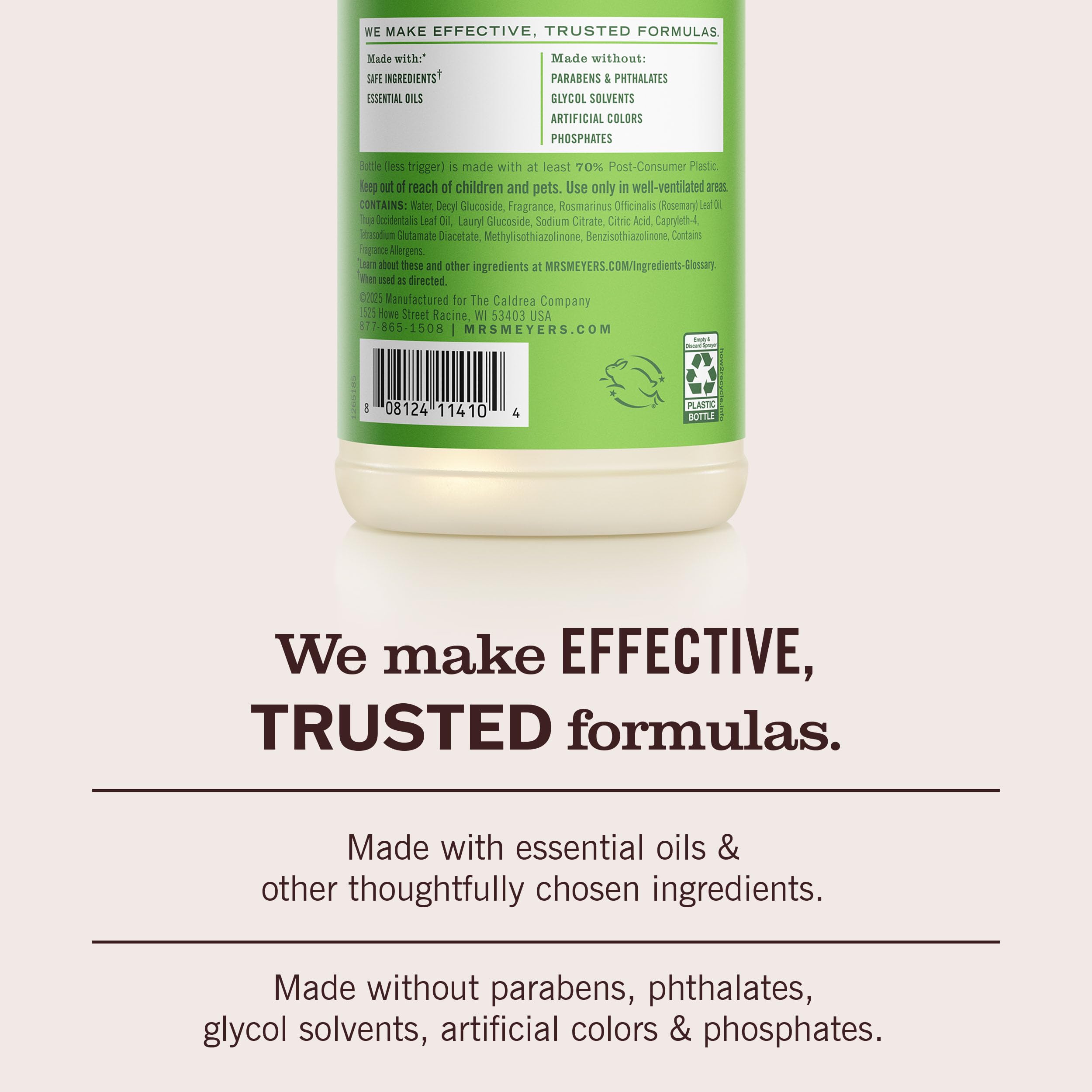 Mrs. MEYER'S limpiador en uso sobre encimera, limpieza efectiva y aroma fresco