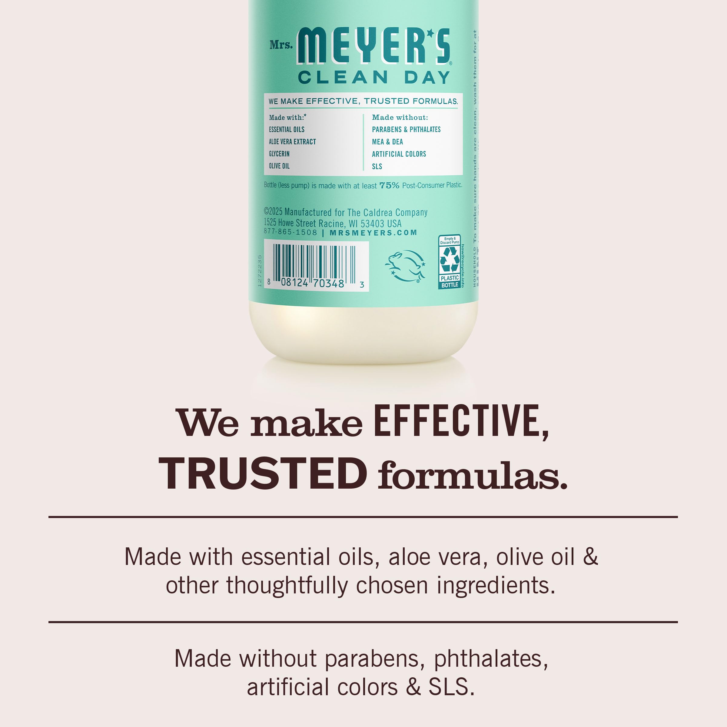 Mrs. MEYER'S etiqueta con ingredientes botánicos y certificación cruelty-free
