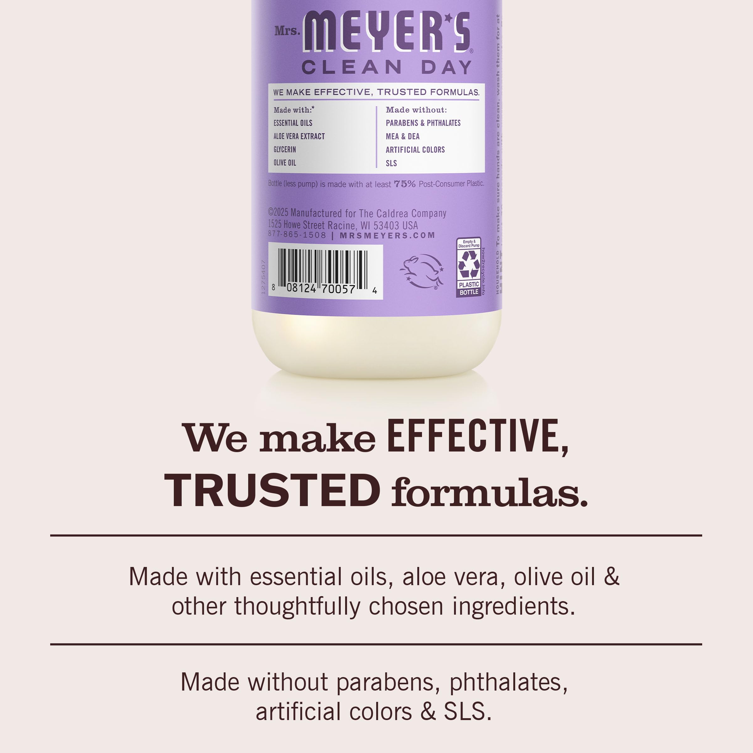 Mrs. Meyer’s etiqueta con ingredientes clave y beneficios visibles