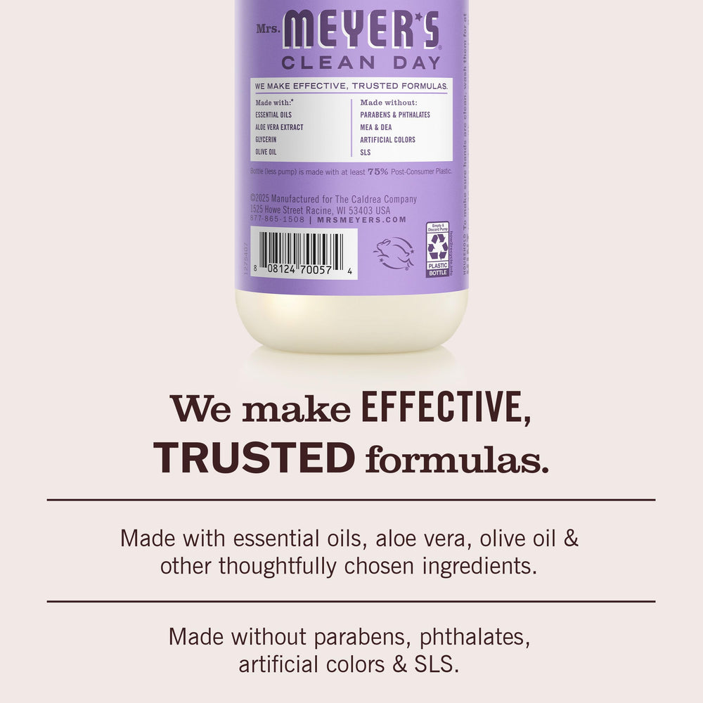 Mrs. Meyer’s etiqueta con ingredientes clave y beneficios visibles