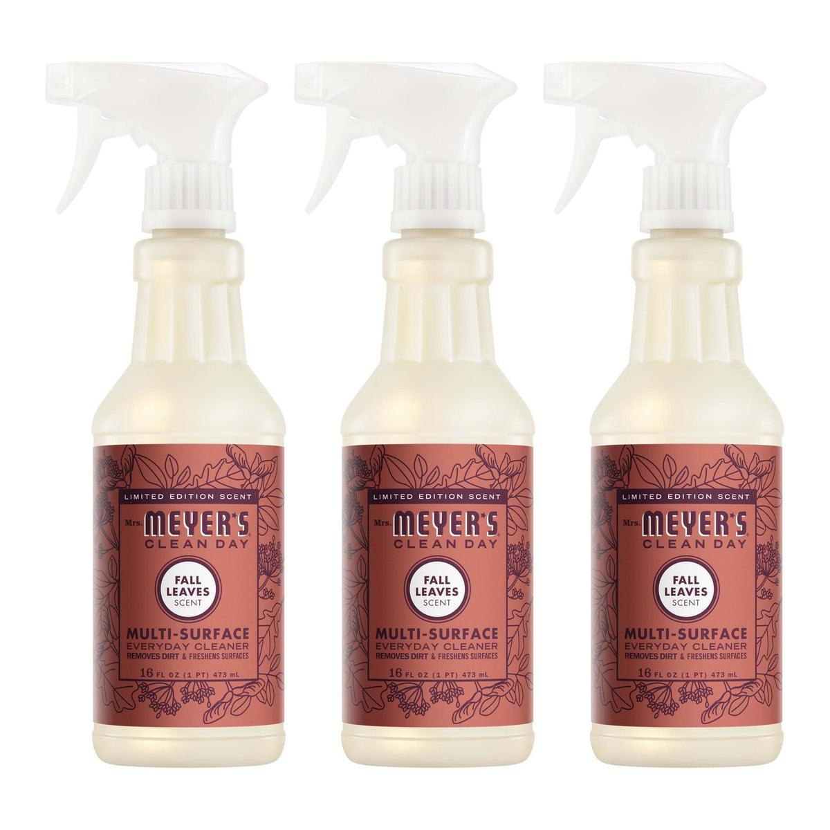 Mrs. MEYER'S botella frontal con etiqueta Fall Leaves y aroma otoñal