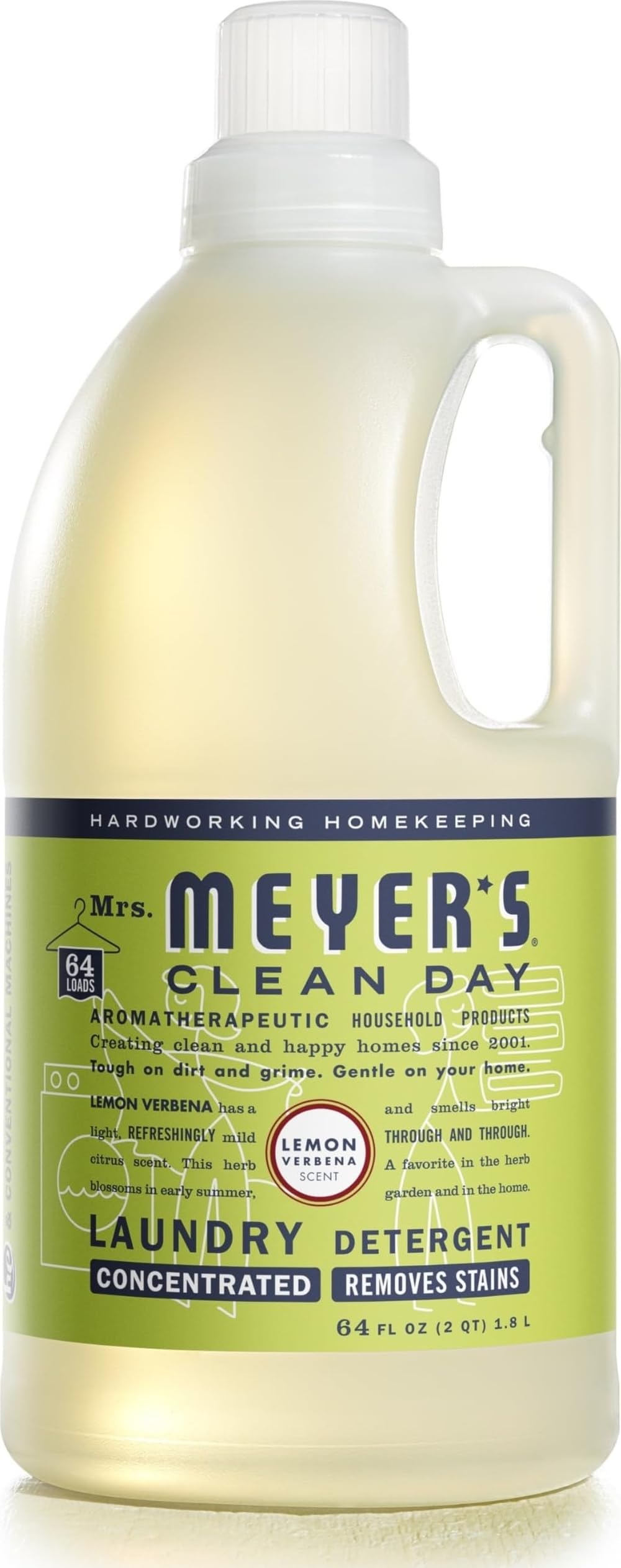 Mrs. MEYER'S botella frente mostrando etiqueta limón verbena y beneficio limpieza eficaz