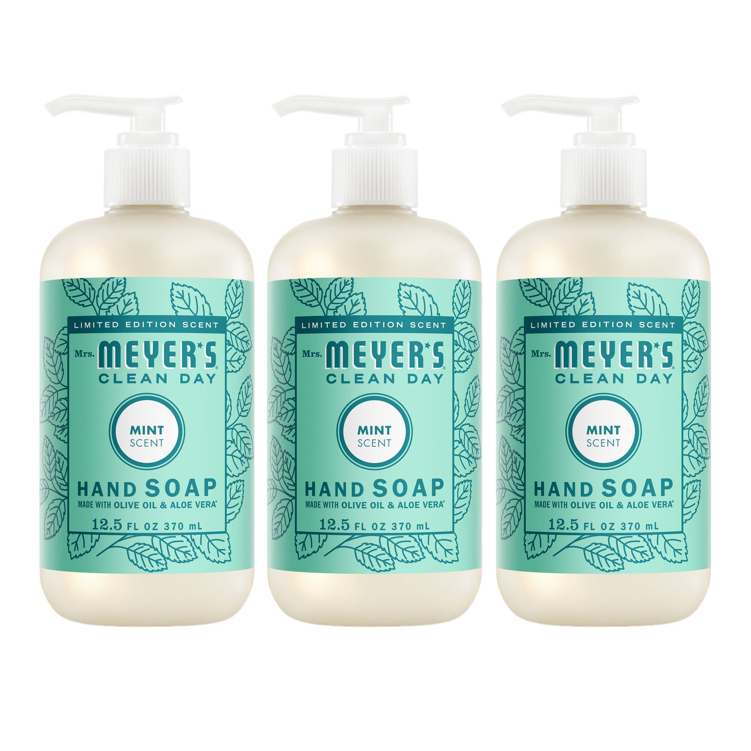 Mrs. MEYER'S vista frontal del envase con aroma menta y diseño claro