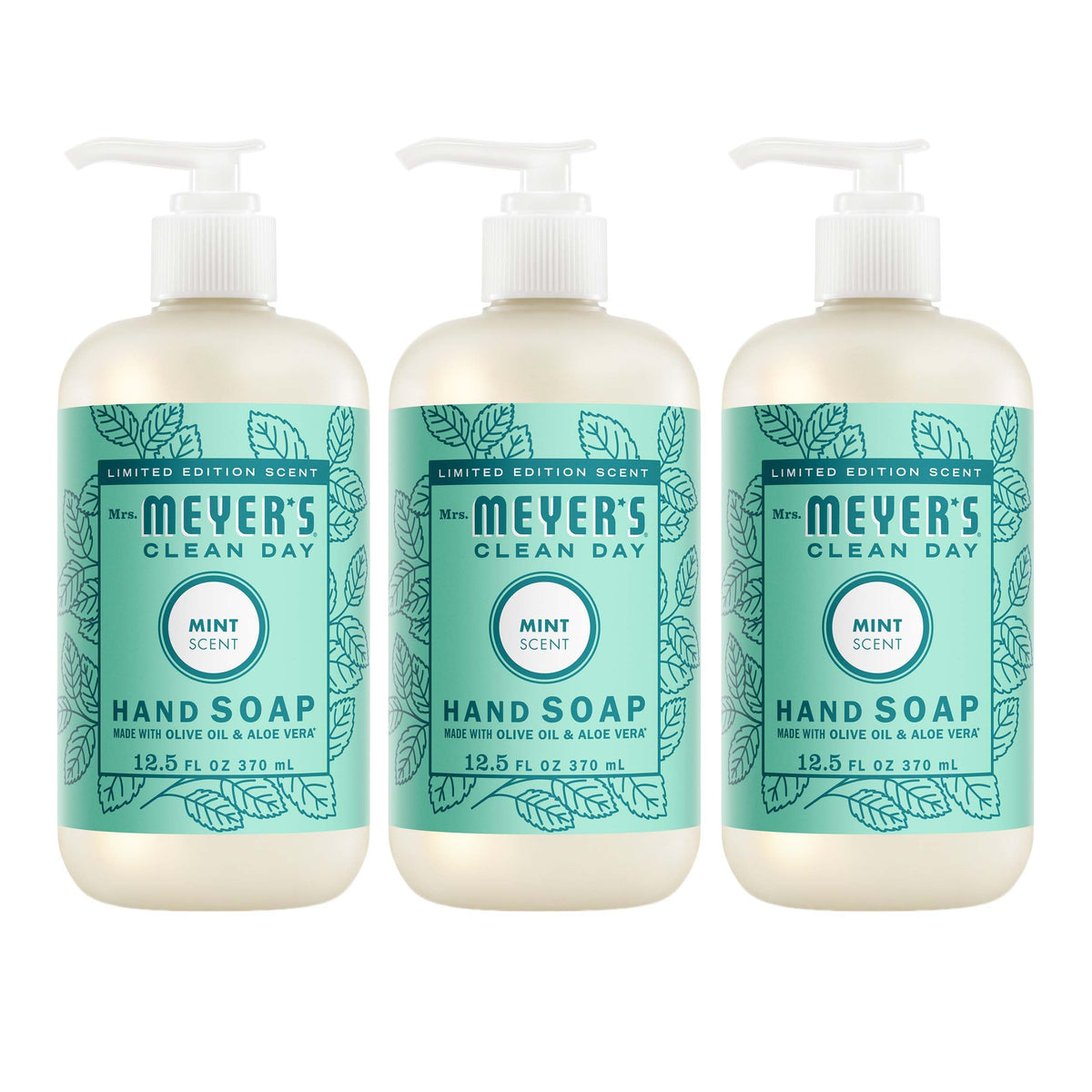 Mrs. MEYER'S vista frontal del envase con aroma menta y diseño claro