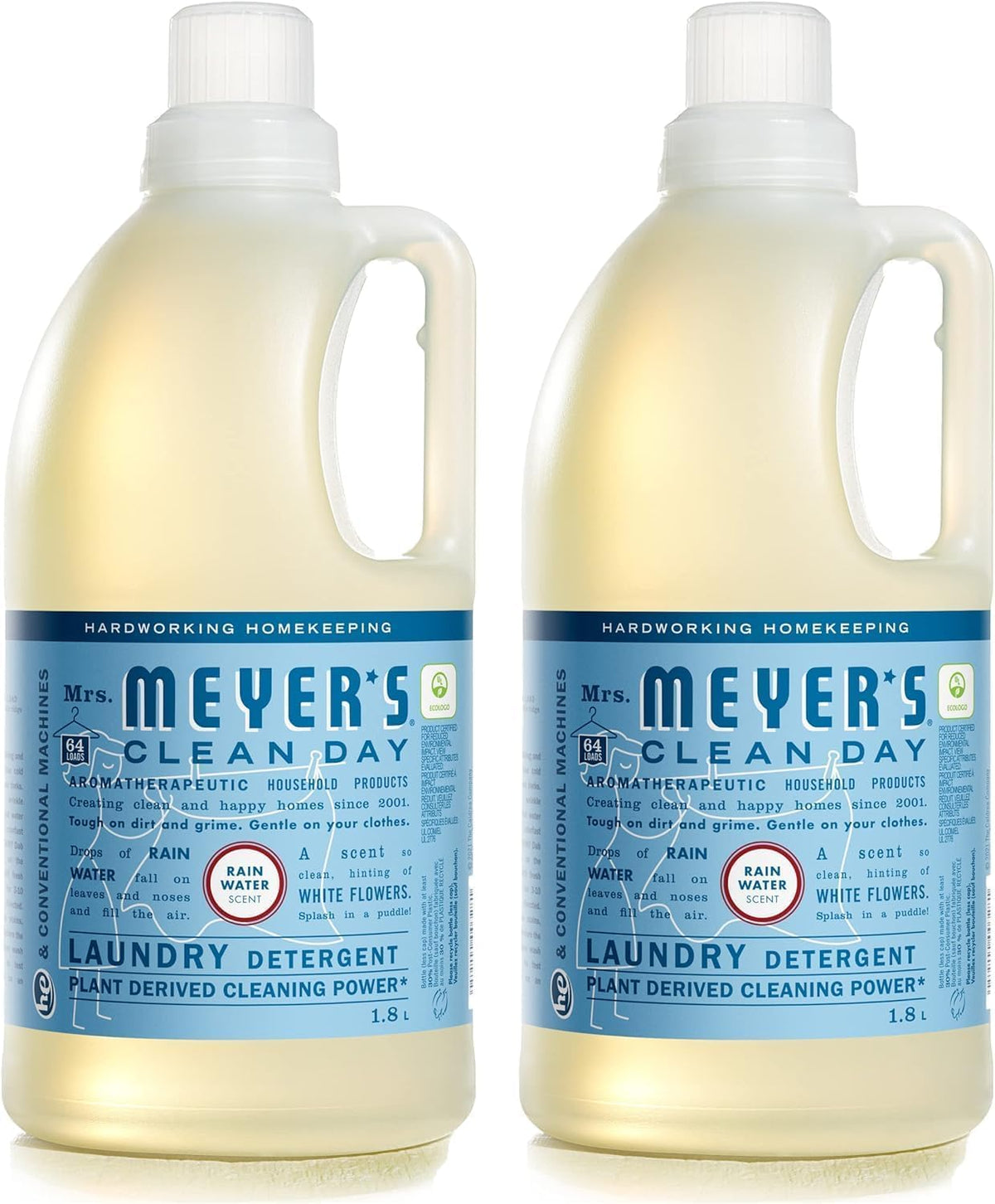Mrs. MEYER'S vista frontal del envase Rain Water y beneficio de limpieza visible