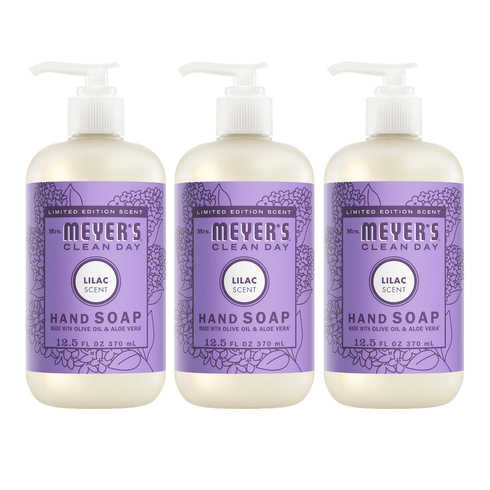 Mrs. Meyer’s botella frontal Lilac mostrando etiqueta y tamaño práctico