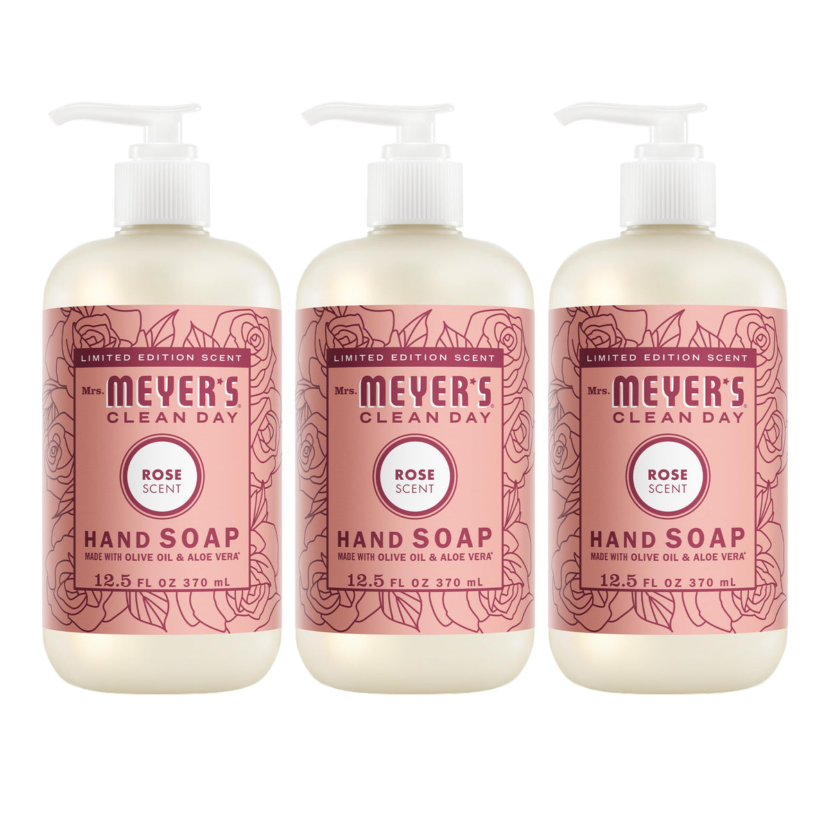 Mrs. Meyer's botella frontal rosa mostrando el envase y su aroma