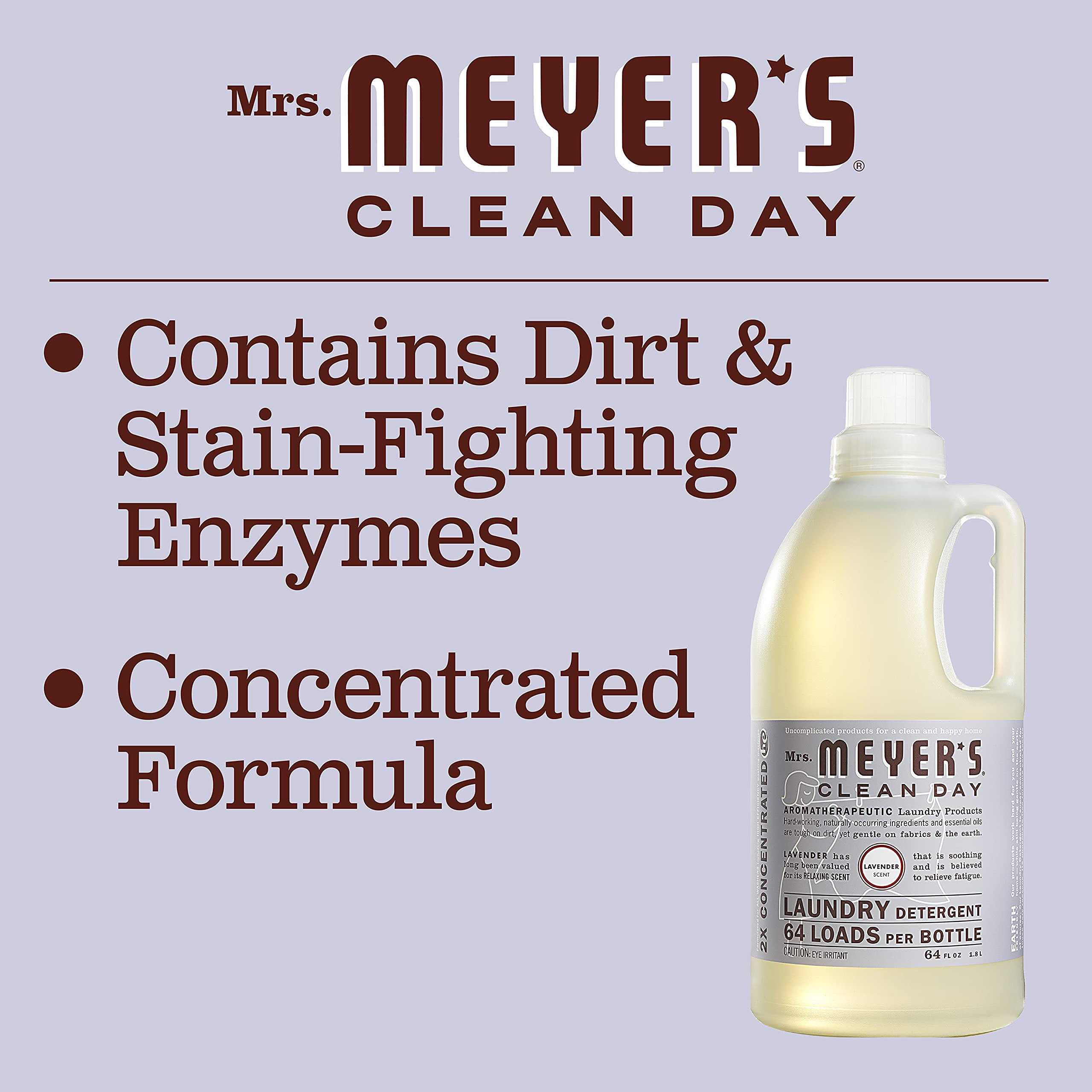 Mrs. MEYER'S etiqueta del envase con información de fragancia lavanda y compatibilidad HE