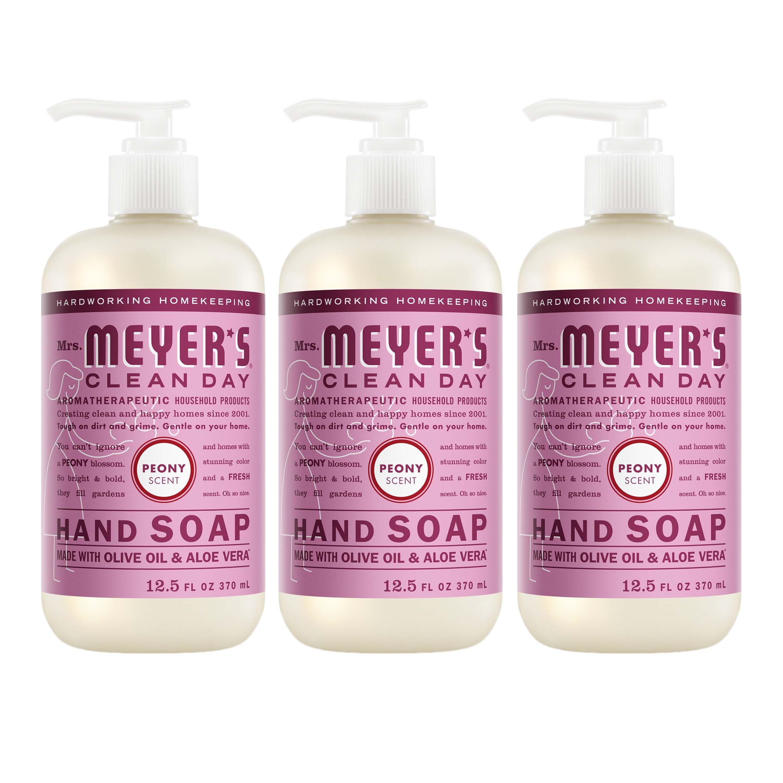 MRS. MEYER'S botella frontal Peony mostrando diseño y uso práctico