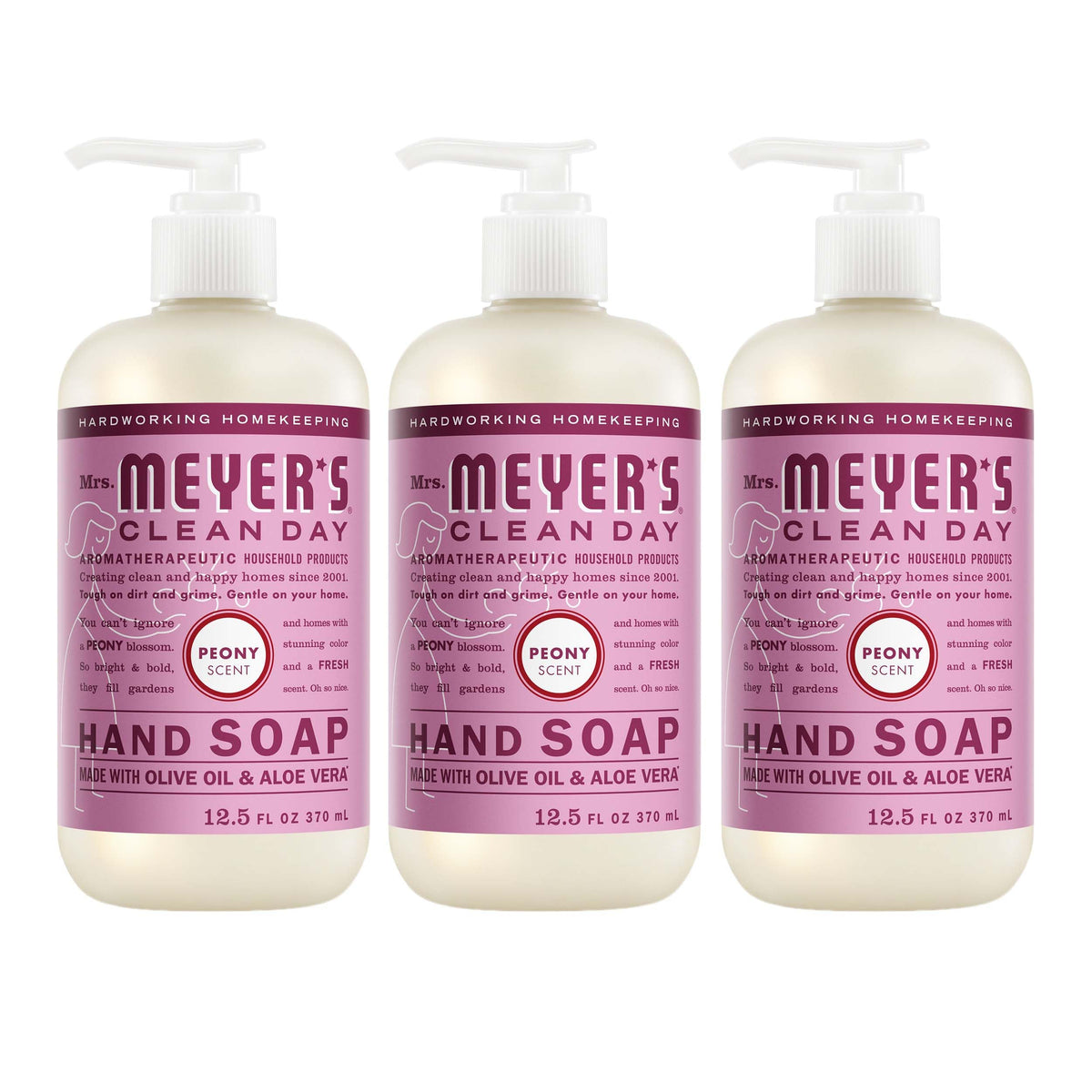 MRS. MEYER'S botella frontal Peony mostrando diseño y uso práctico