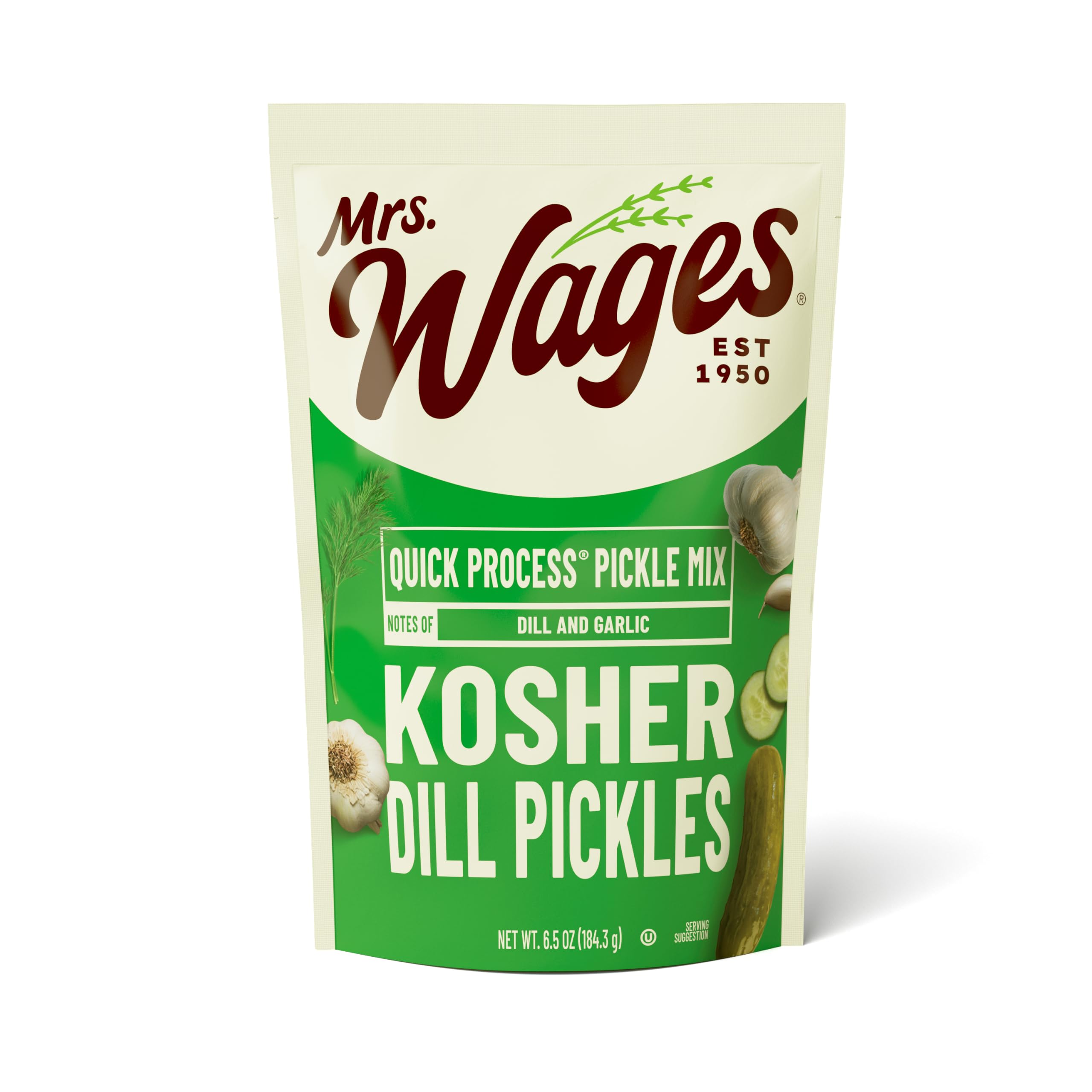Mrs. Wages empaque frontal: mezcla para pepinillos con etiquetado kosher y receta práctica