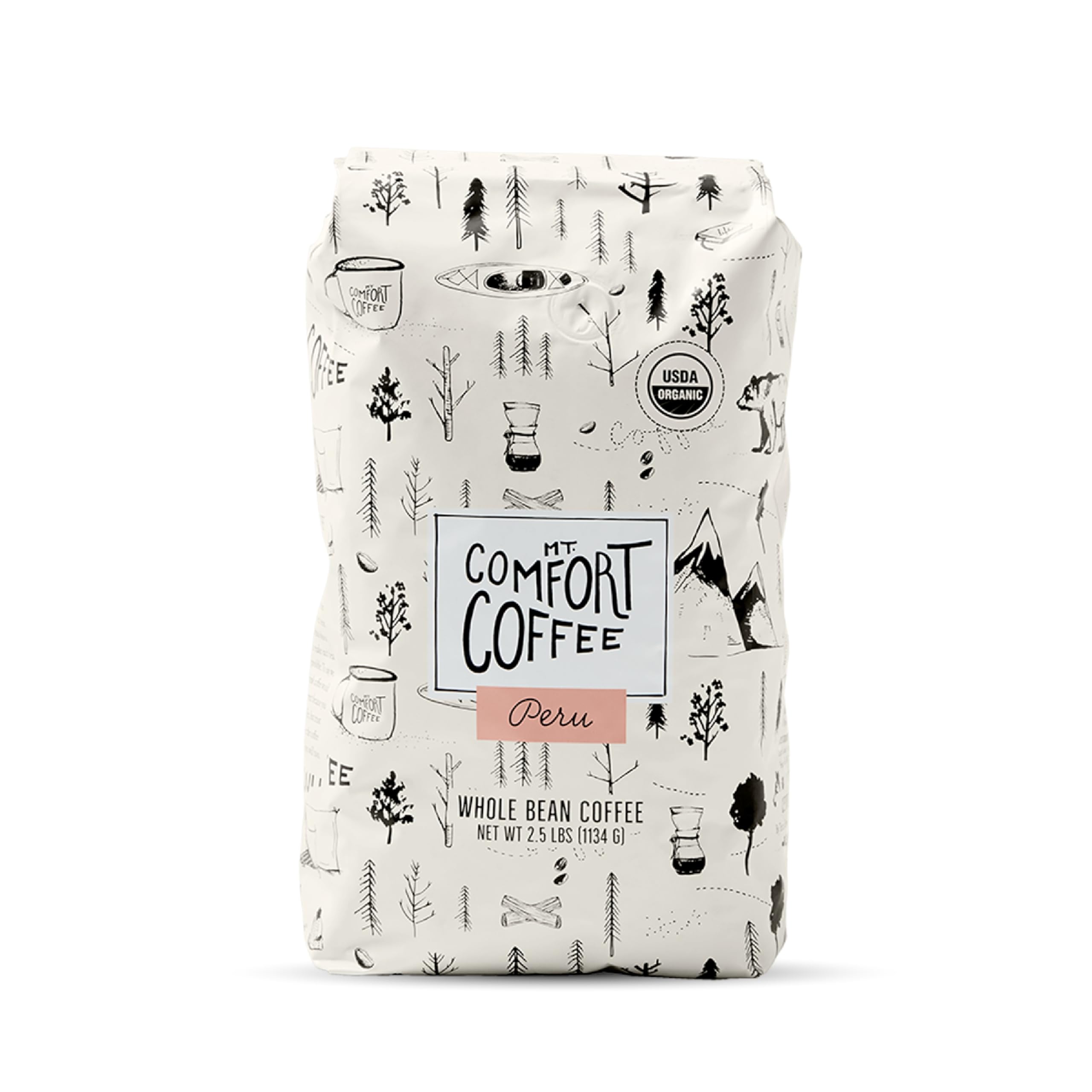 Mt. Comfort Coffee bolsa frontal mostrando etiqueta y tamaño 2.5 lb, conveniencia