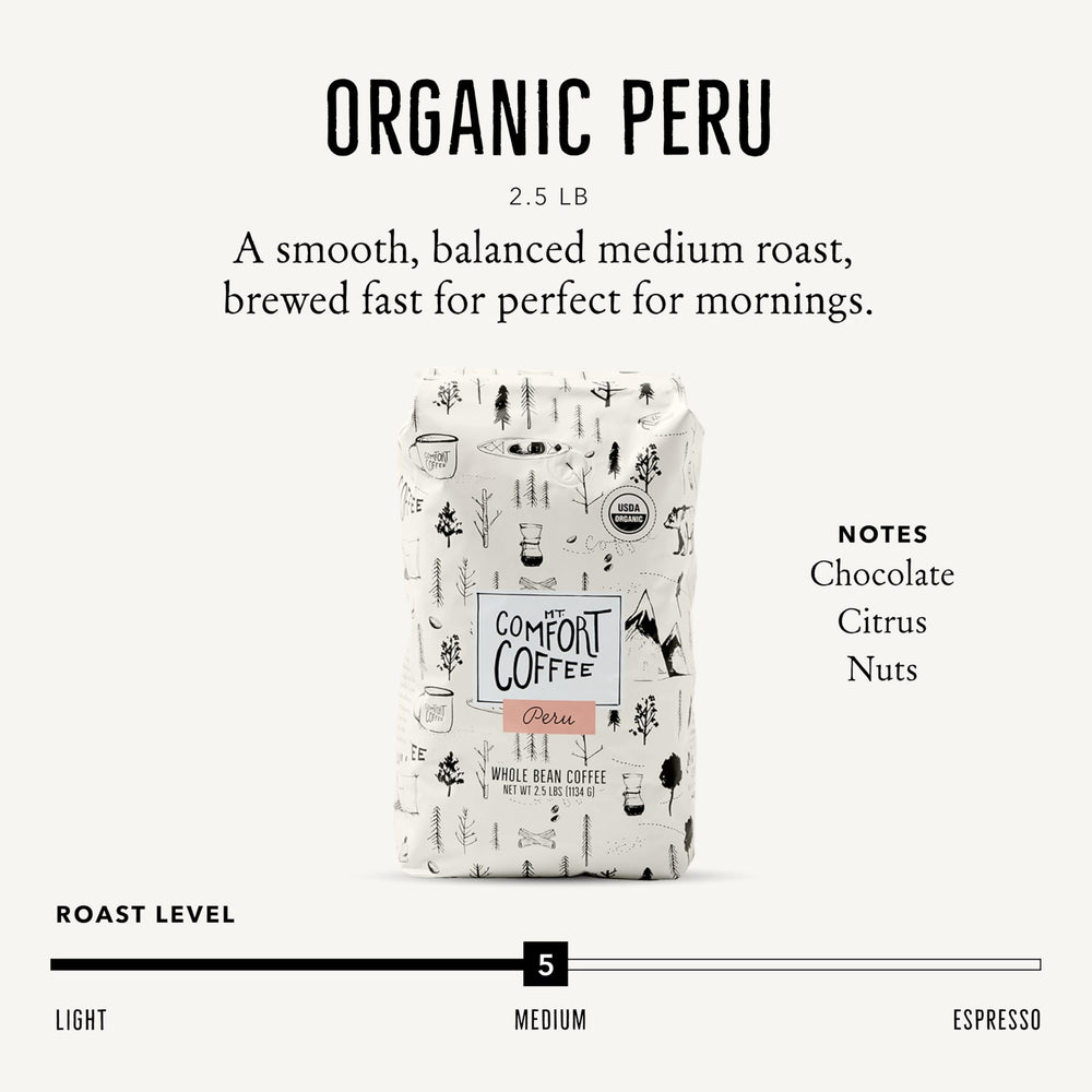 Mt. Comfort Coffee primer plano de granos enteros, textura y frescura preservada