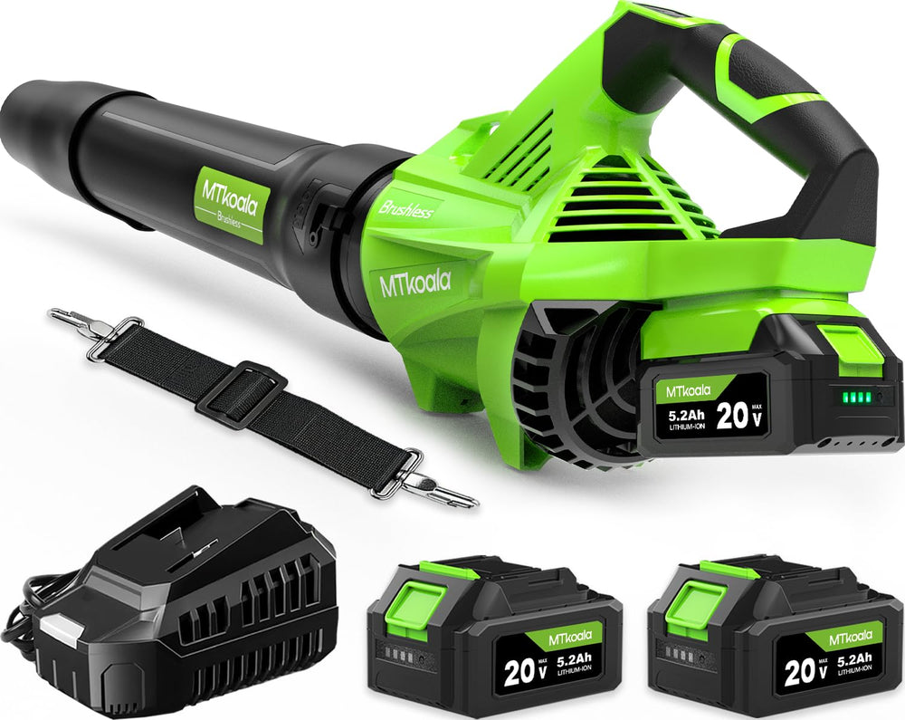 MTKOALA front view of cordless blower showing ergonomic handle and controls, fast cleanup