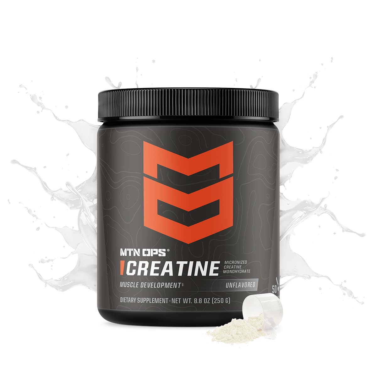 MTN OPS polvo fino de creatina mostrando textura micronizada para mejor mezcla