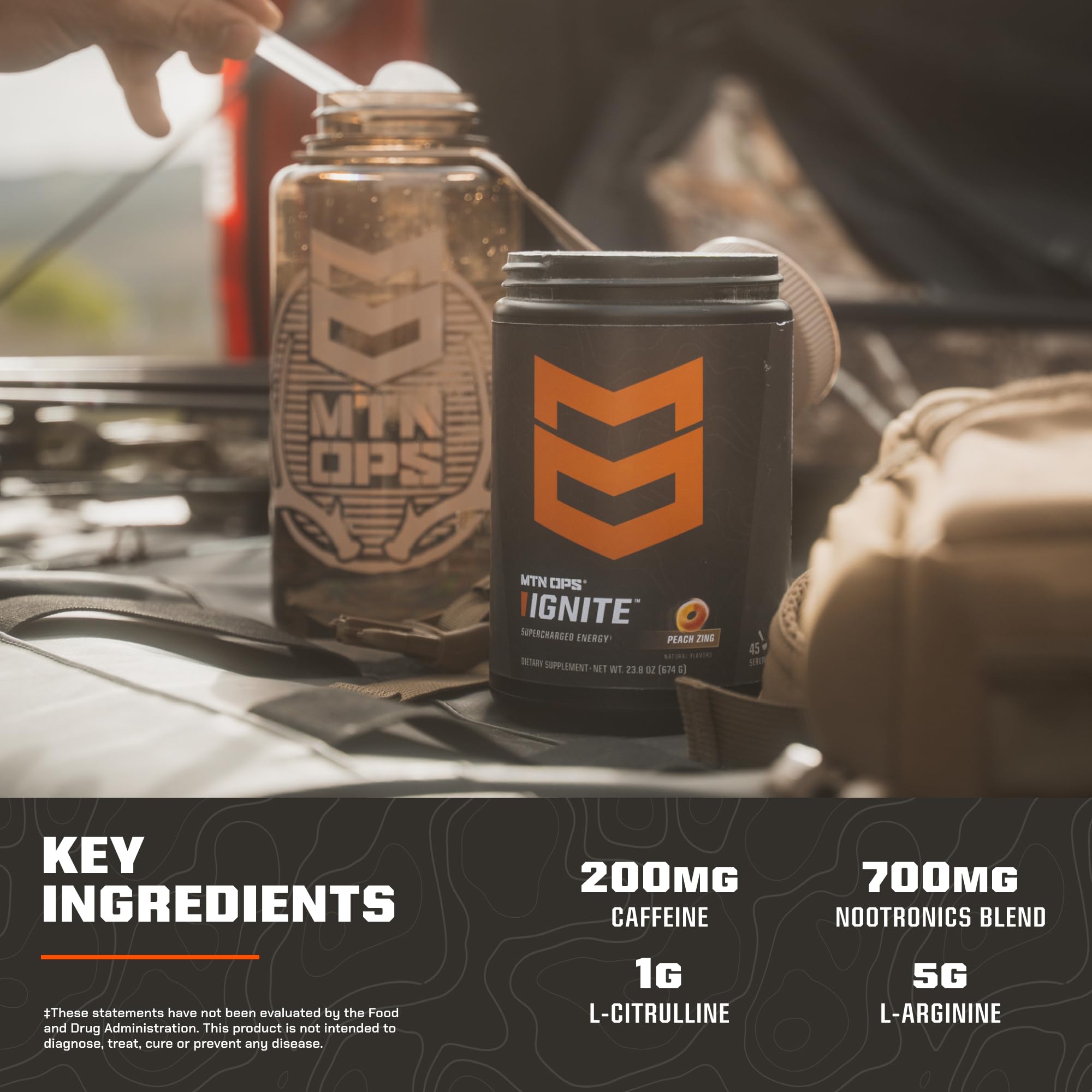 MTN OPS etiqueta con ingredientes y cafeína 200 mg, transparencia y confianza