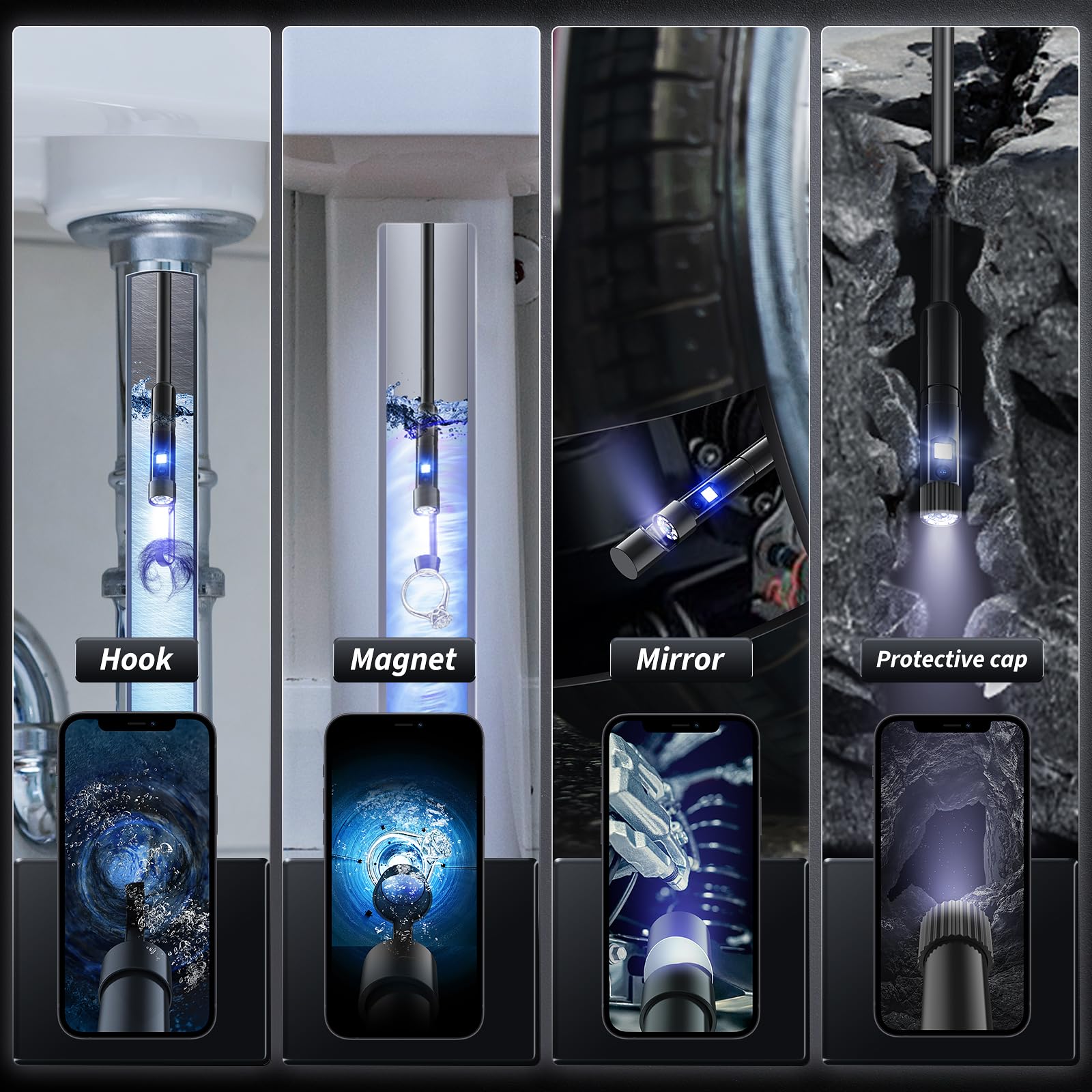 MugEasy ocho LEDs ajustables iluminando un conducto oscuro, mejora visibilidad