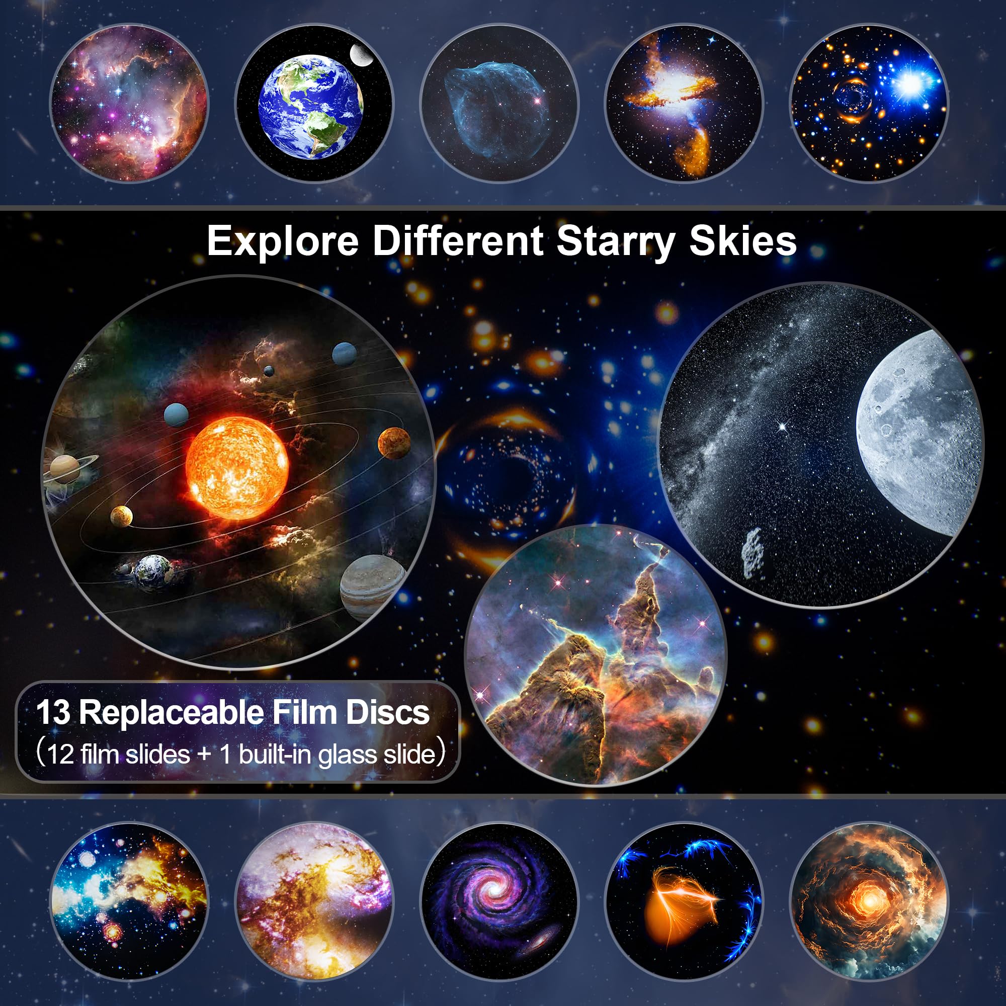 MuliVid proyección en techo cubriendo habitación con estrellas y nebulosas