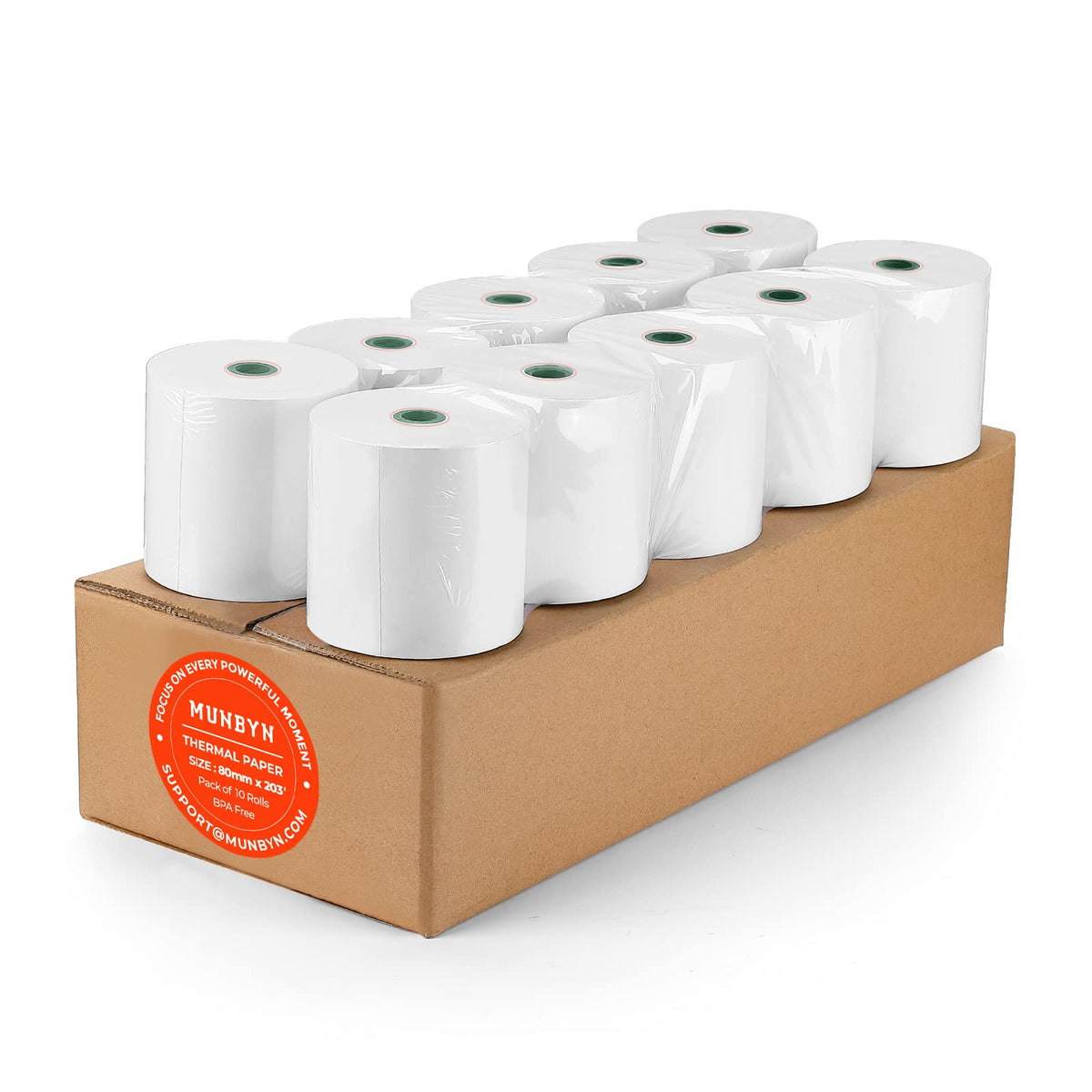 MUNBYN paquete frontal con 10 rollos mostrando compatibilidad y ahorro