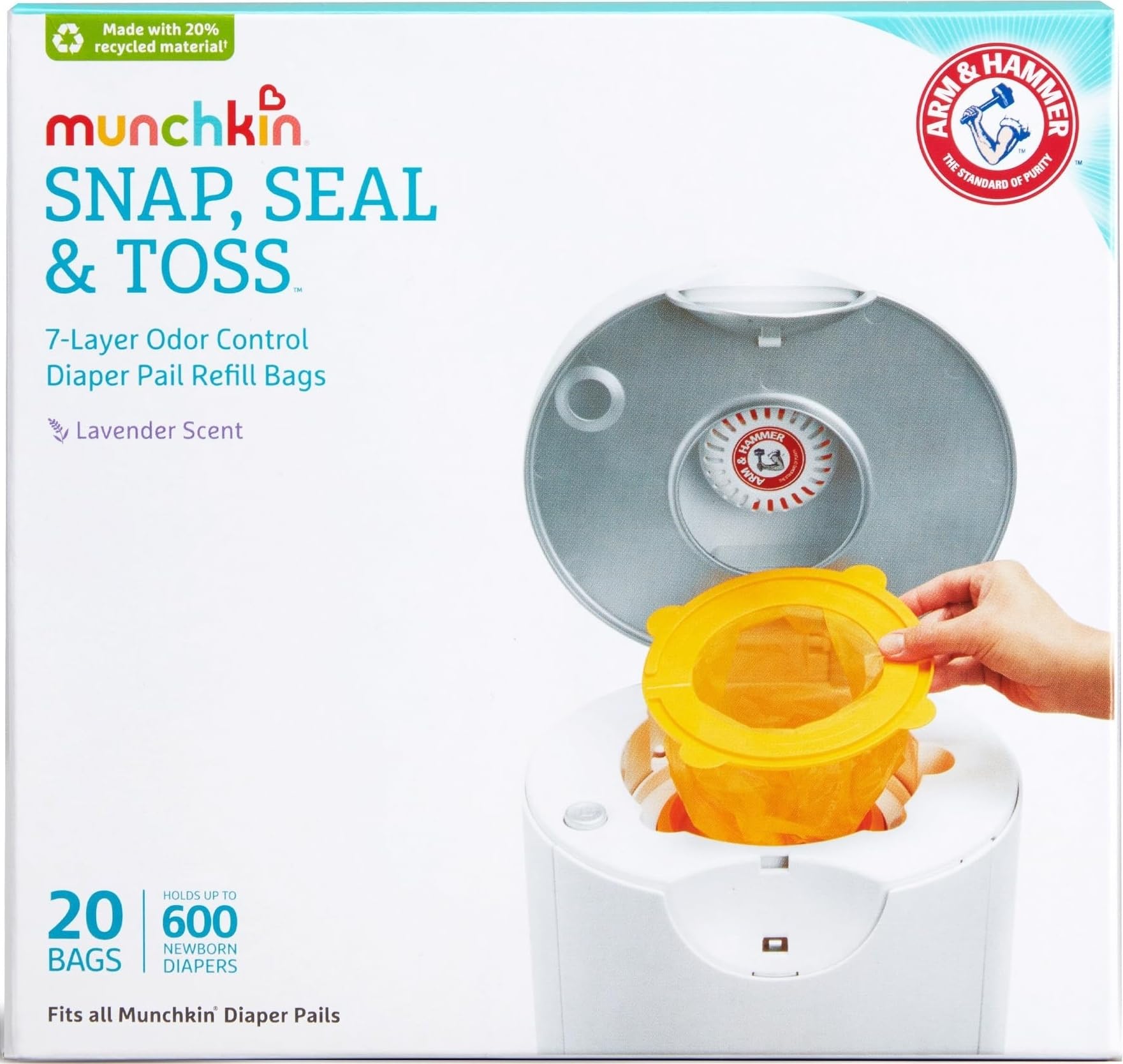 Munchkin Arm & Hammer empaque frontal mostrando 20 bolsas y beneficio rapidez