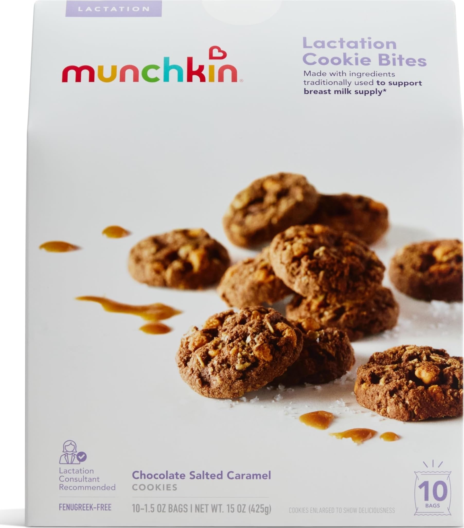 Munchkin paquete frontal de Cookie Bites mostrando conveniencia para lactancia