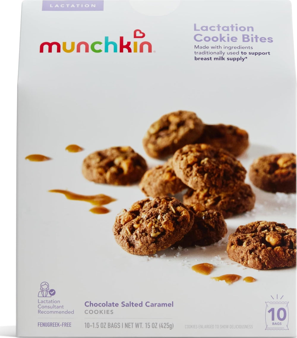 Munchkin paquete frontal de Cookie Bites mostrando conveniencia para lactancia