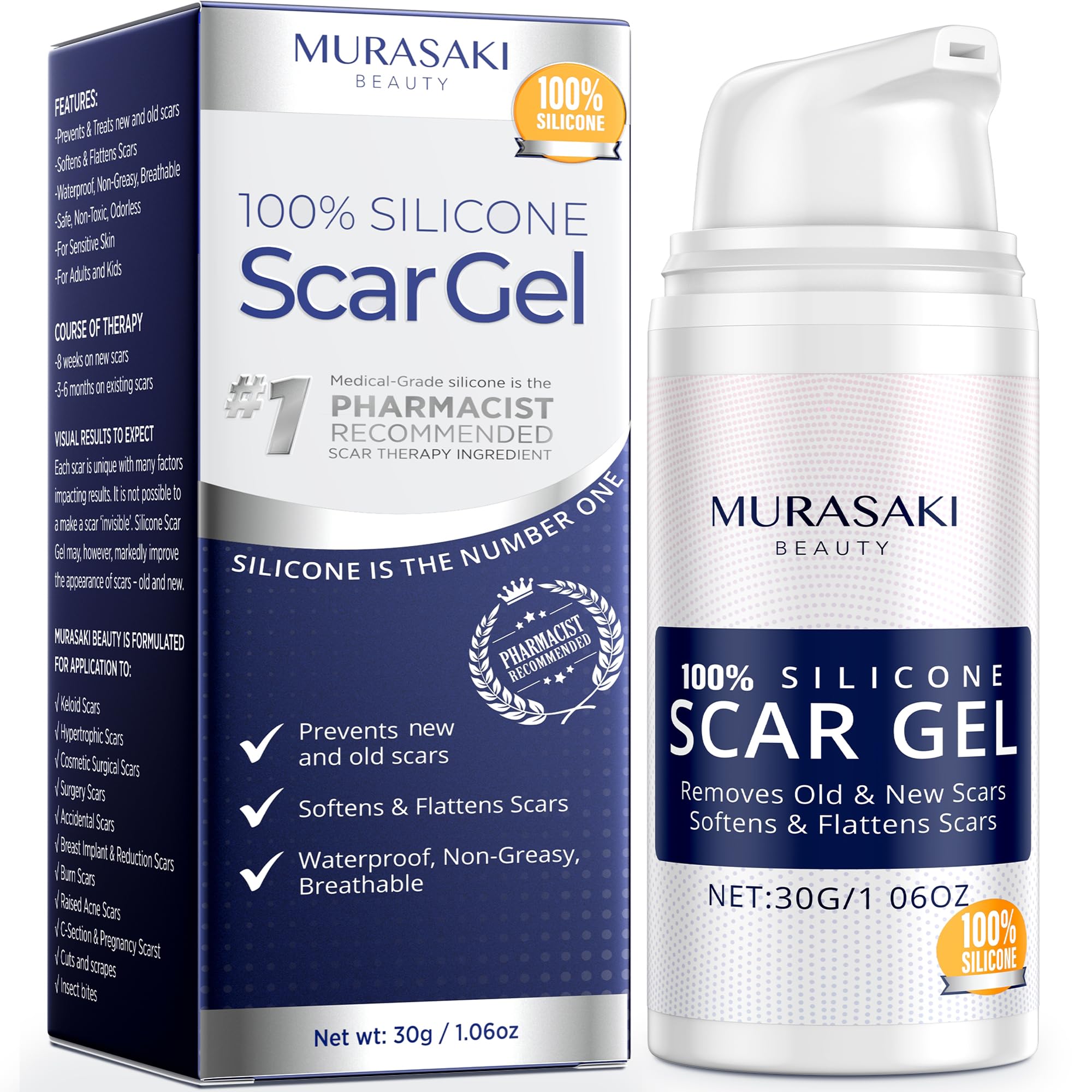 MURASAKI BEAUTY tubo frontal mostrando gel y dosificador, fácil aplicación