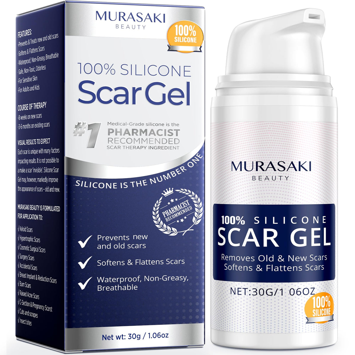 MURASAKI BEAUTY tubo frontal mostrando gel y dosificador, fácil aplicación