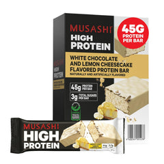 Musashi barrita frontal mostrando empaque y sabor Lemon Cheesecake, alto contenido proteico