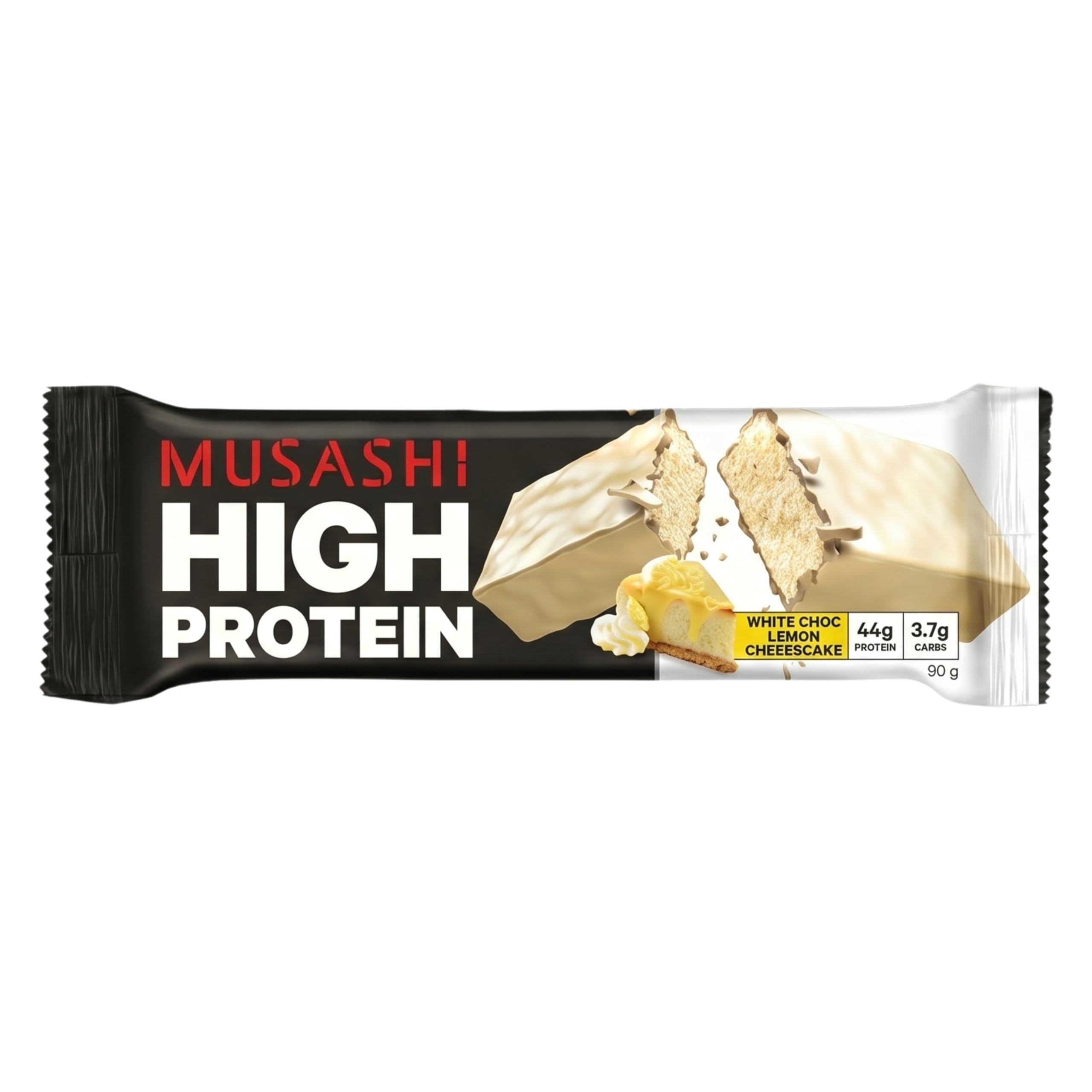 Musashi placa con información nutricional destacando 45g proteína y 2g azúcar