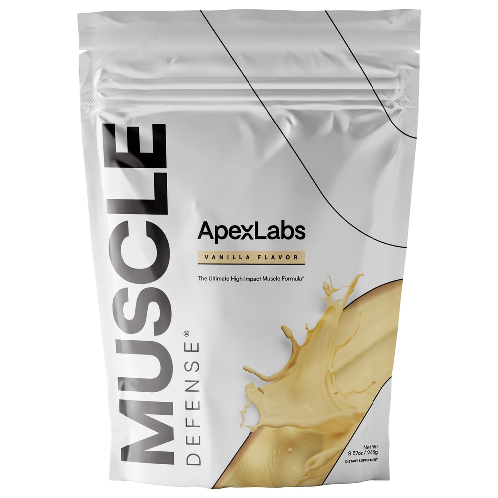Muscle Defense envase frontal ApexLabs mostrando sabor vainilla y beneficios