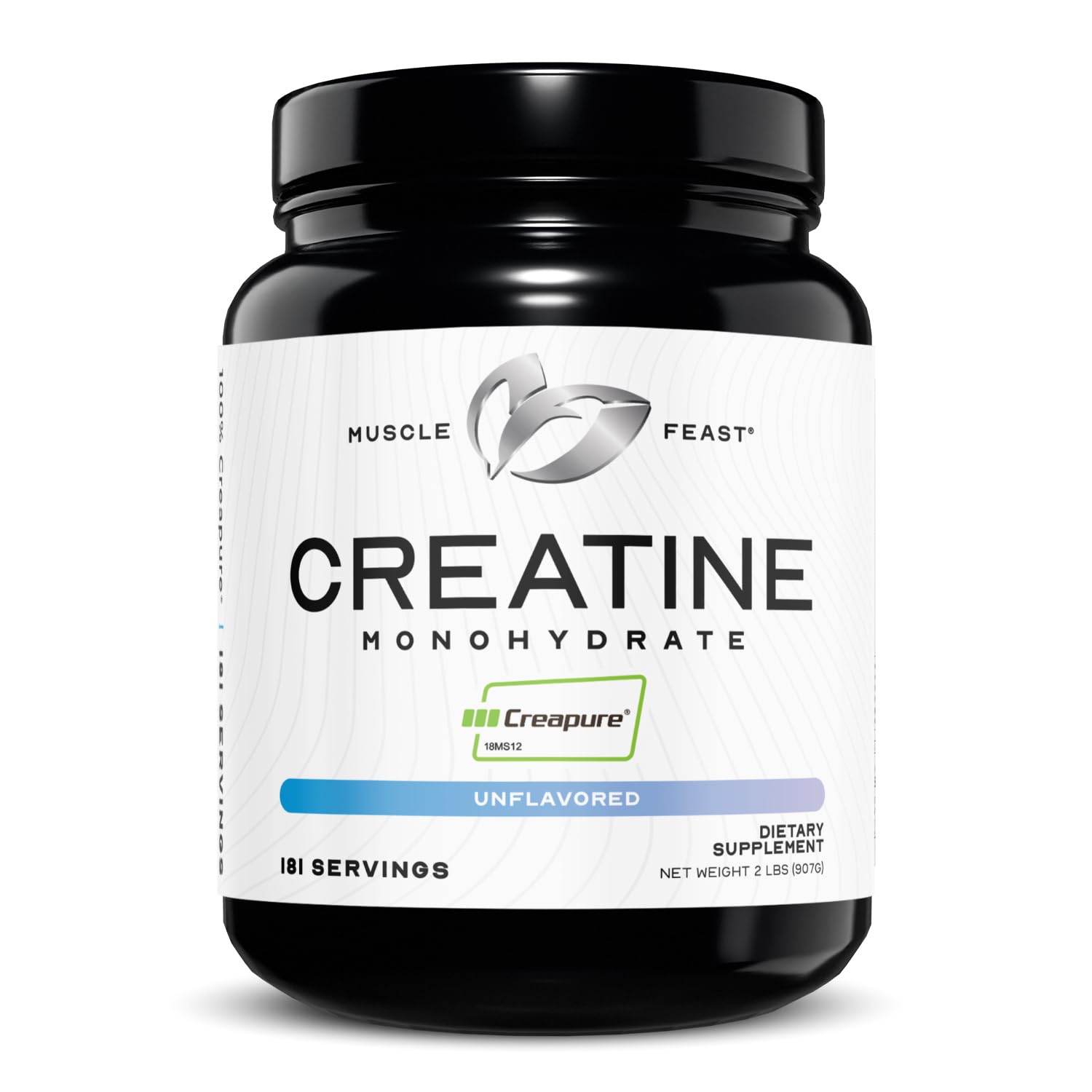 Muscle Feast envase frontal Creapure creatina monohidrato puro, claridad de etiqueta