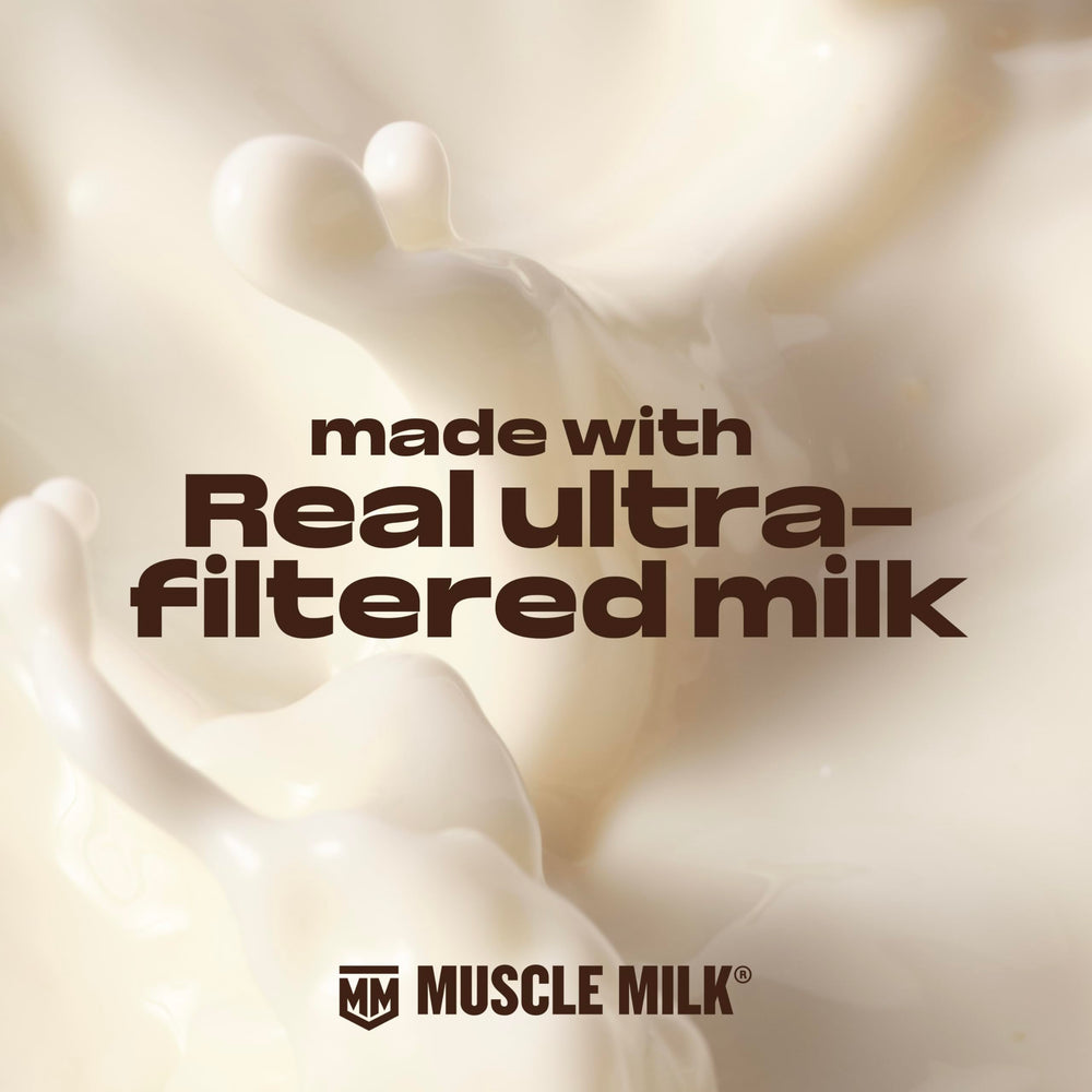 Primer plano del cartón Muscle Milk que destaca los 33 g de proteína y beneficios nutricionales