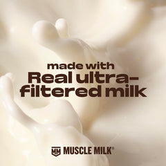 Primer plano del cartón Muscle Milk que destaca los 33 g de proteína y beneficios nutricionales
