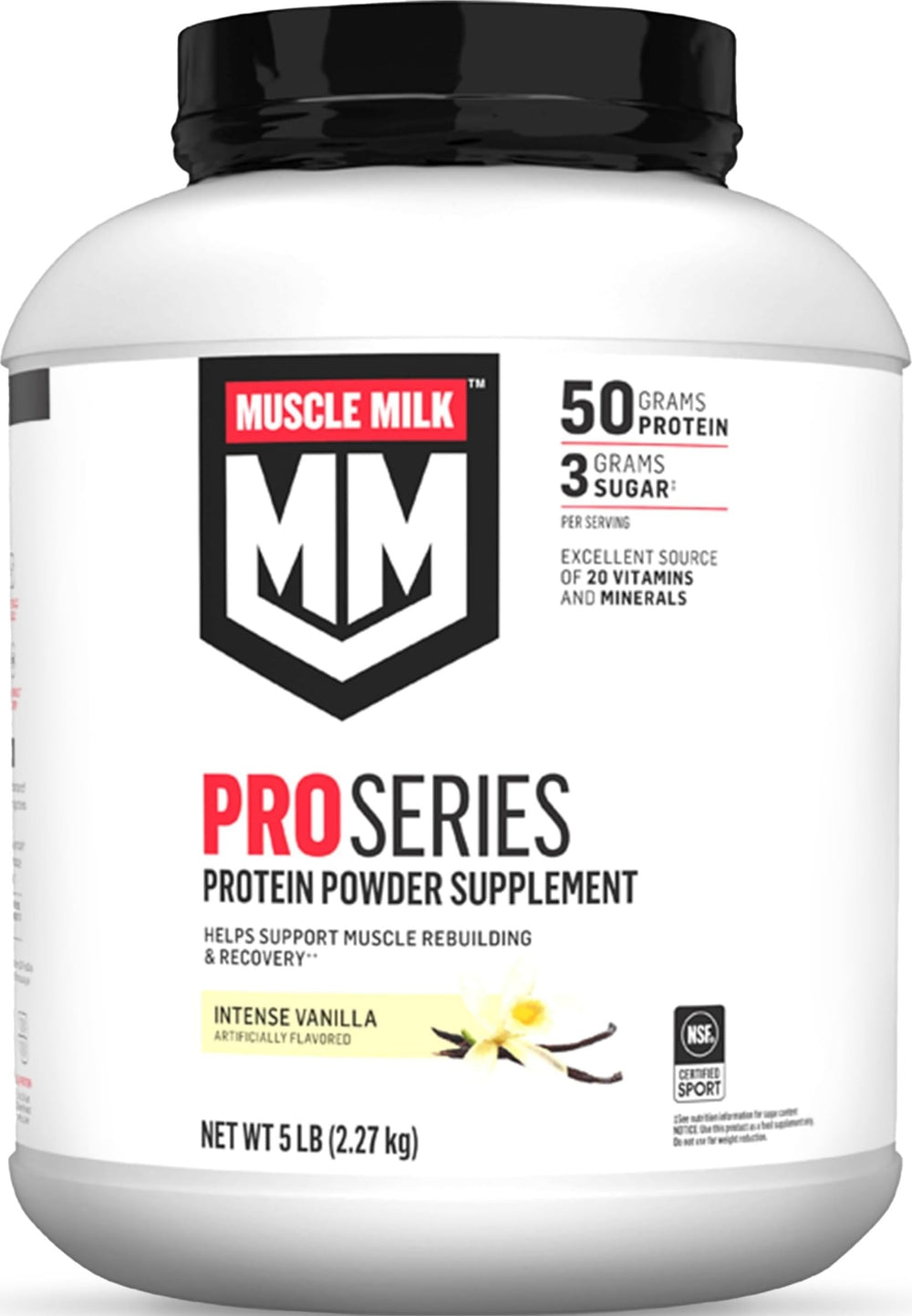 Muscle Milk envase frontal Intense Vanilla mostrando tamaño y beneficios