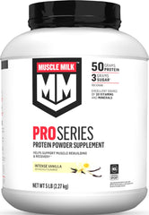 Muscle Milk envase frontal Intense Vanilla mostrando tamaño y beneficios