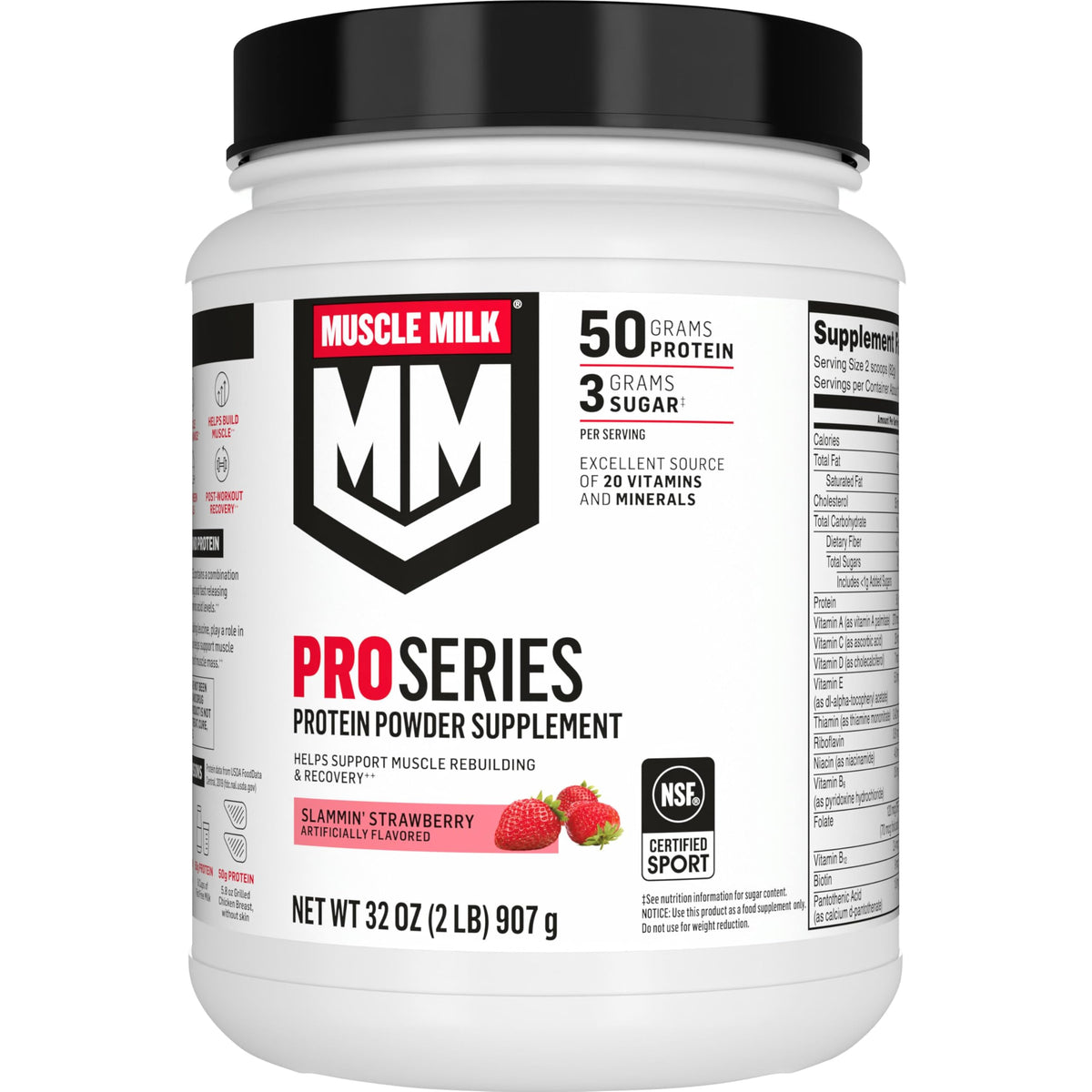 Muscle Milk envase frontal Slammin' Strawberry mostrando diseño y beneficio práctico
