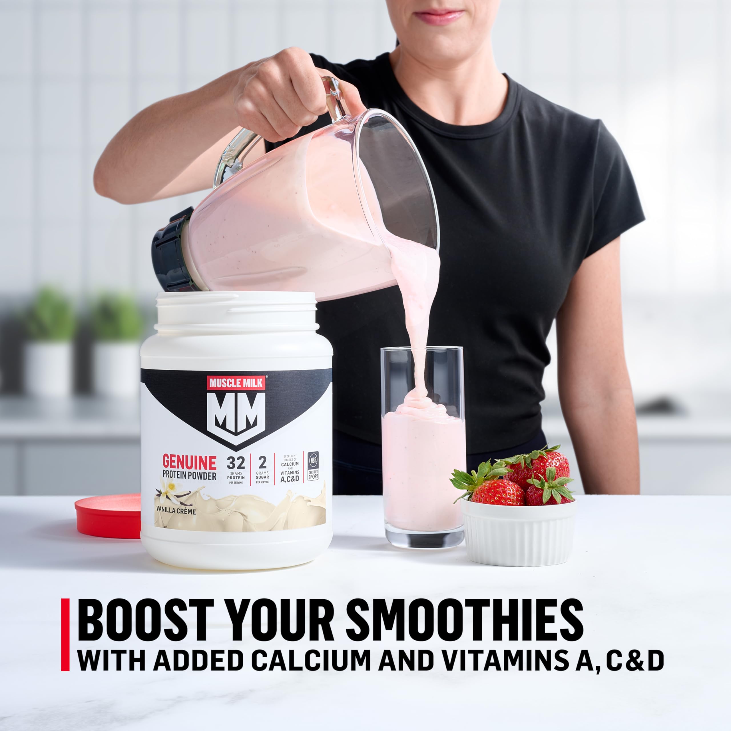 Muscle Milk etiqueta nutricional destacando 32 g proteína por porción