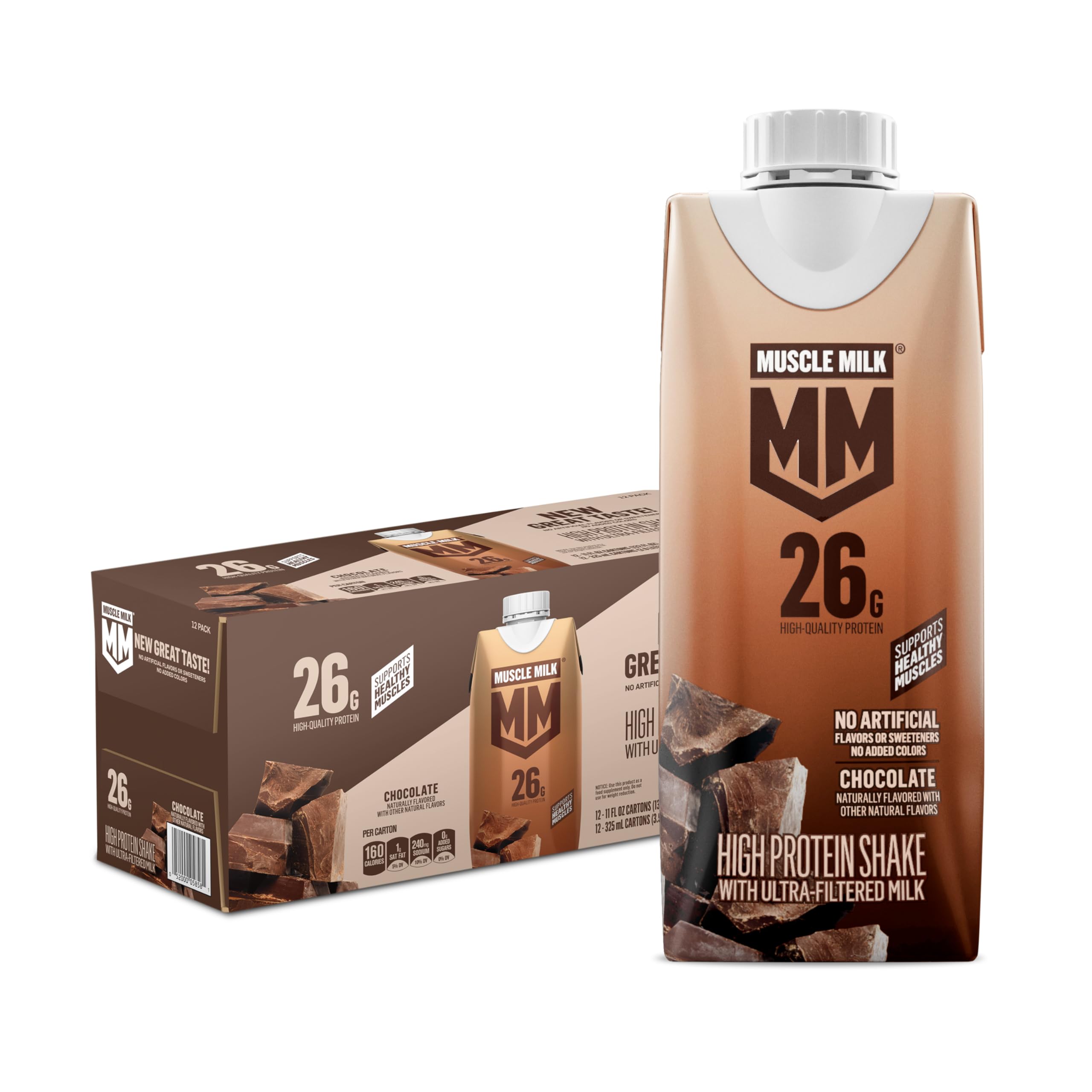 Muscle Milk frontal del pack de 12 cartones mostrando envases listos para beber